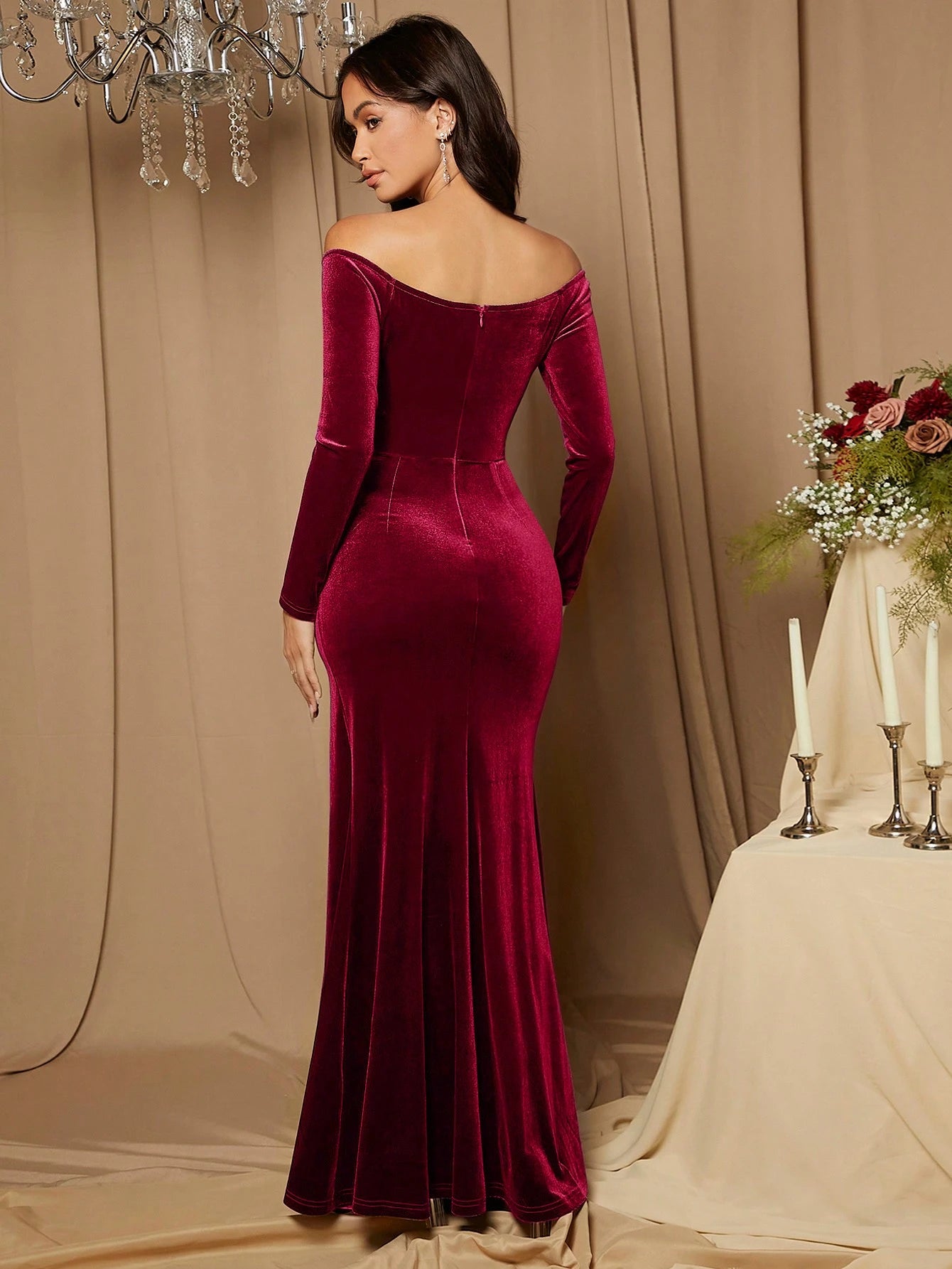 Belle Solid Color Velvet Off Shoulder Ruched Waist High Slit Bridesmaid Dress, Elegant Long Sleeve Dress - image 2