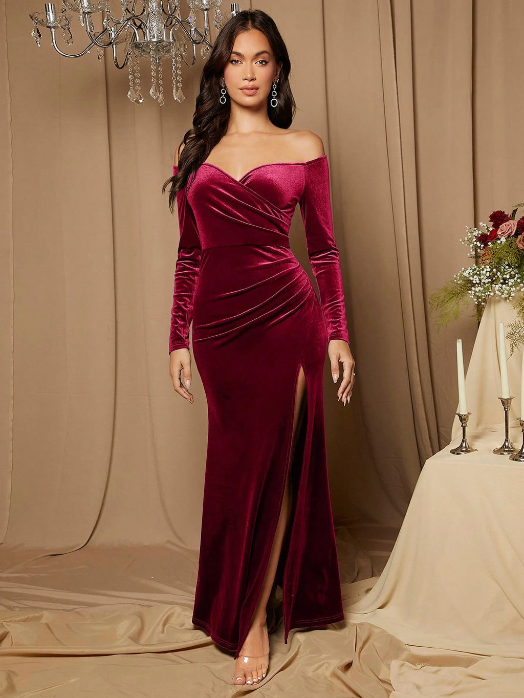 Belle Solid Color Velvet Off Shoulder Ruched Waist High Slit Bridesmaid Dress, Elegant Long Sleeve Dress - image 6
