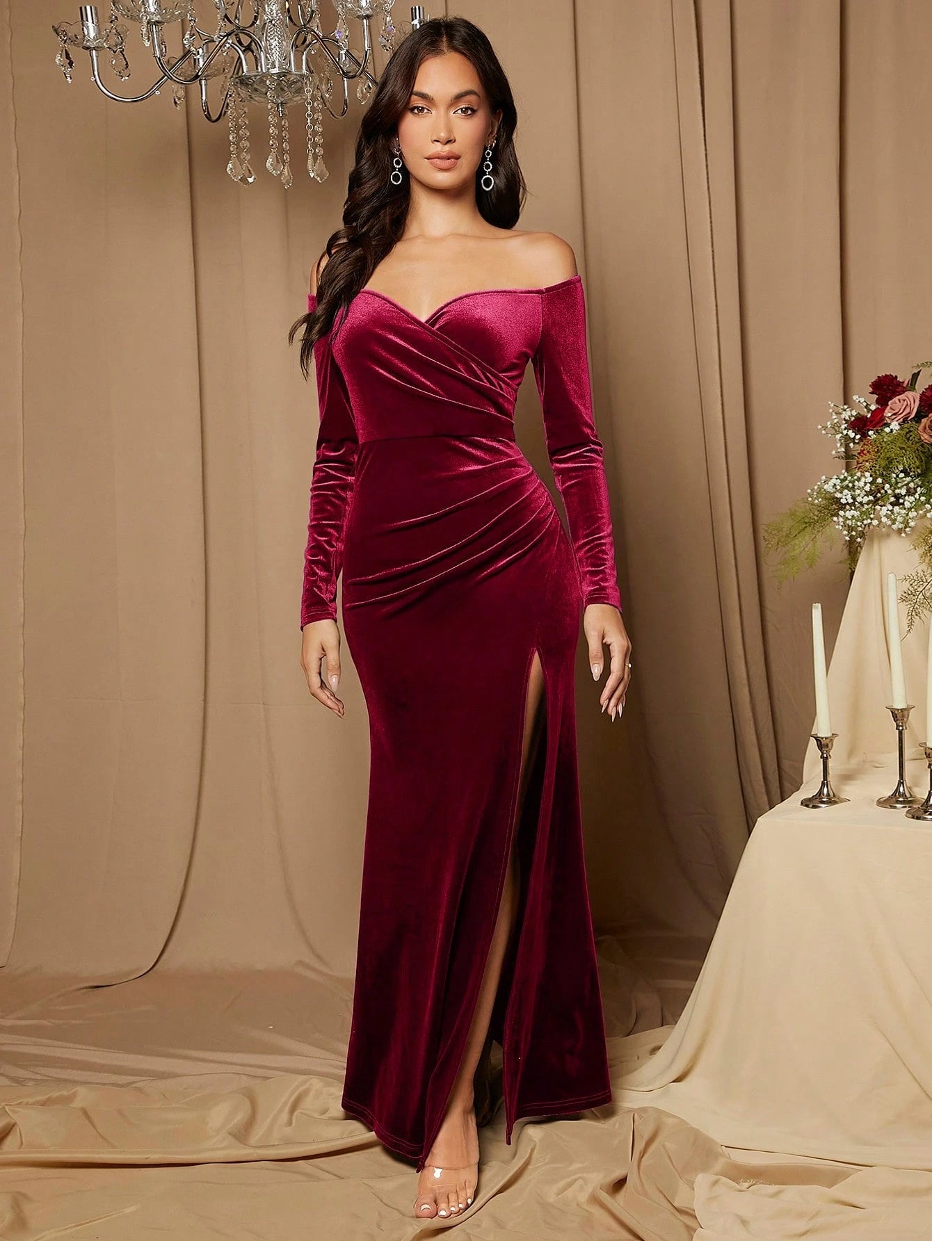 Belle Solid Color Velvet Off Shoulder Ruched Waist High Slit Bridesmaid Dress, Elegant Long Sleeve Dress - image 6