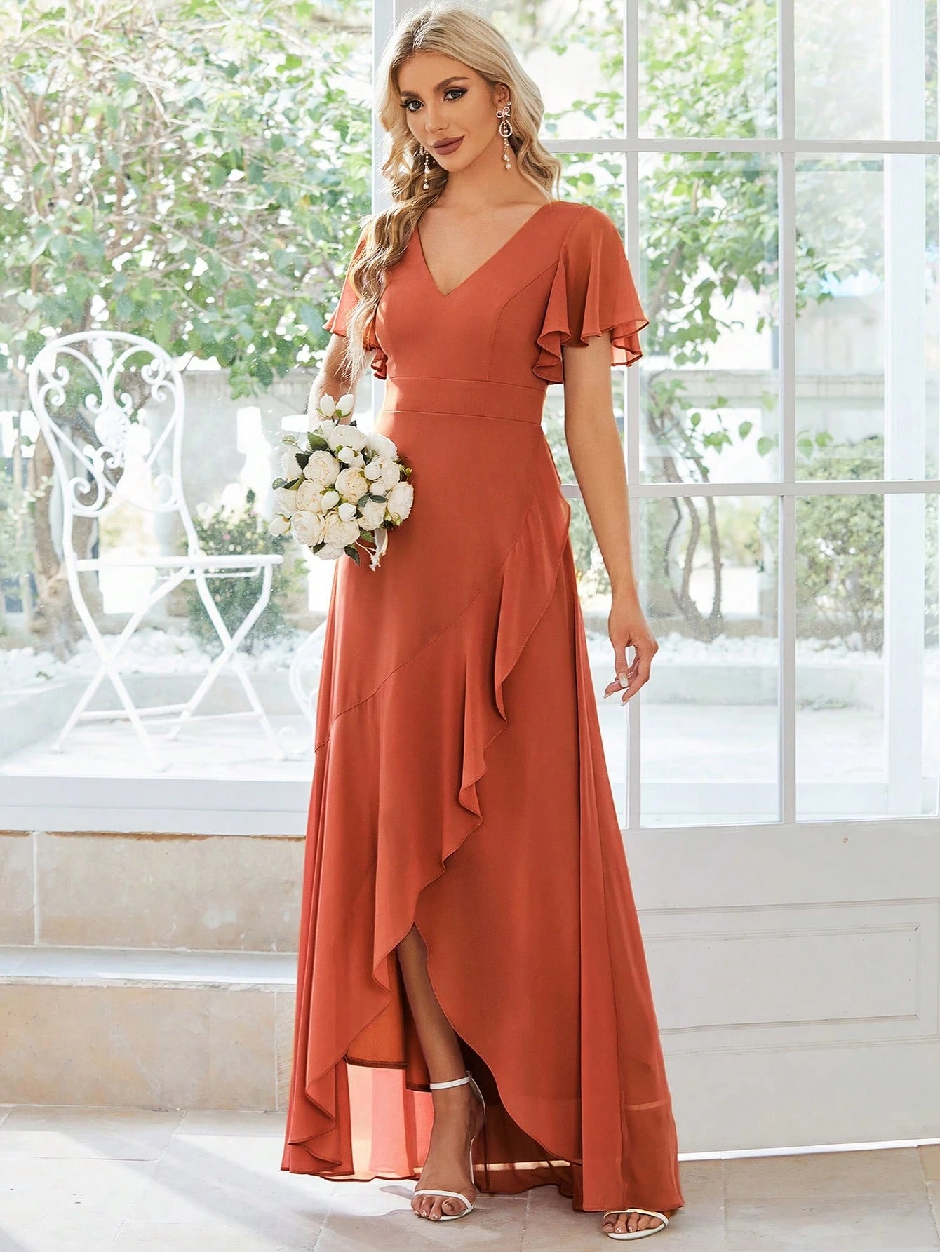 Butterfly Sleeve Ruffle Trim Wrap Hem Chiffon Bridesmaid Dress Elegant Dress - image 17