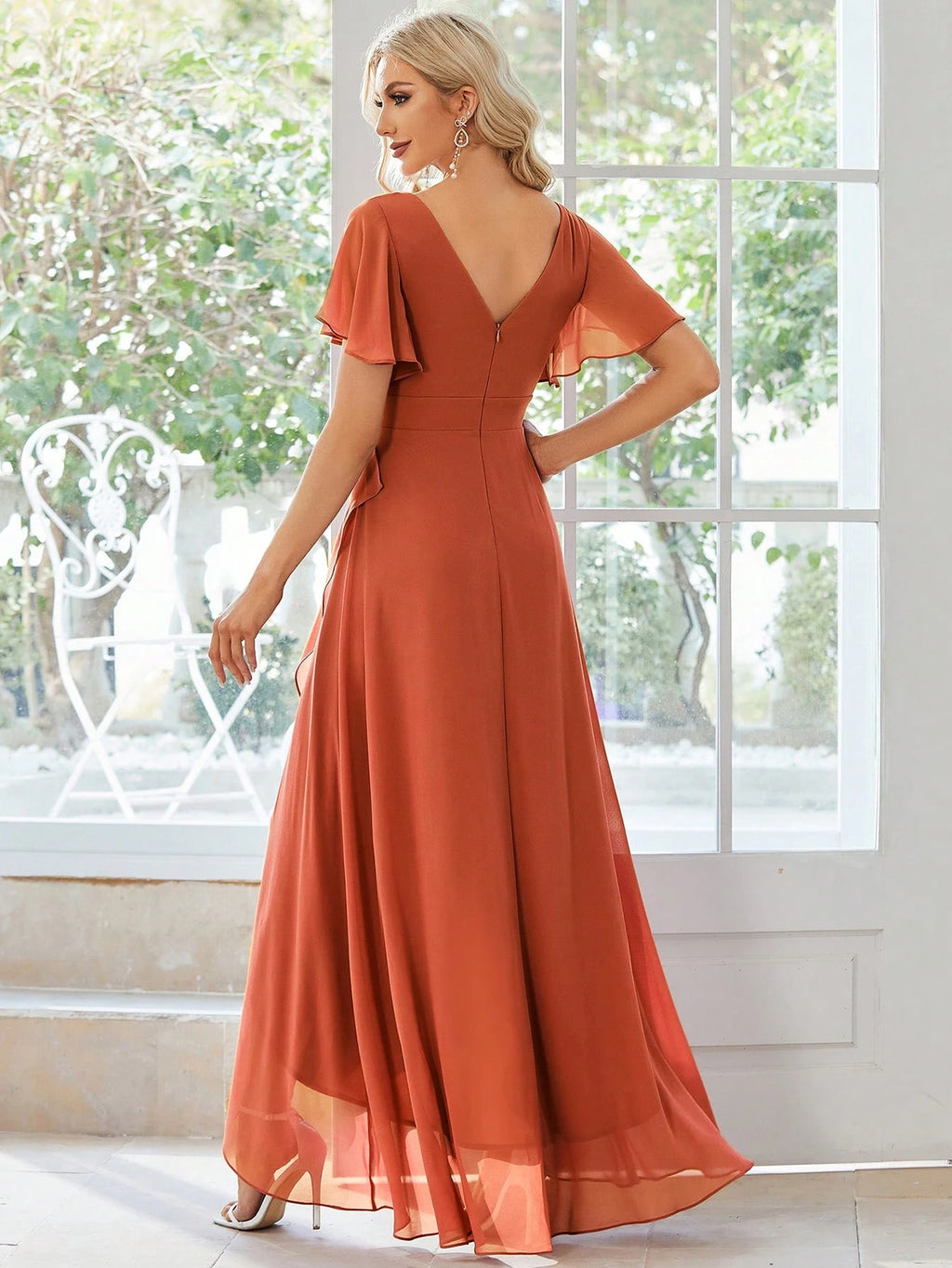 Butterfly Sleeve Ruffle Trim Wrap Hem Chiffon Bridesmaid Dress Elegant Dress - image 18
