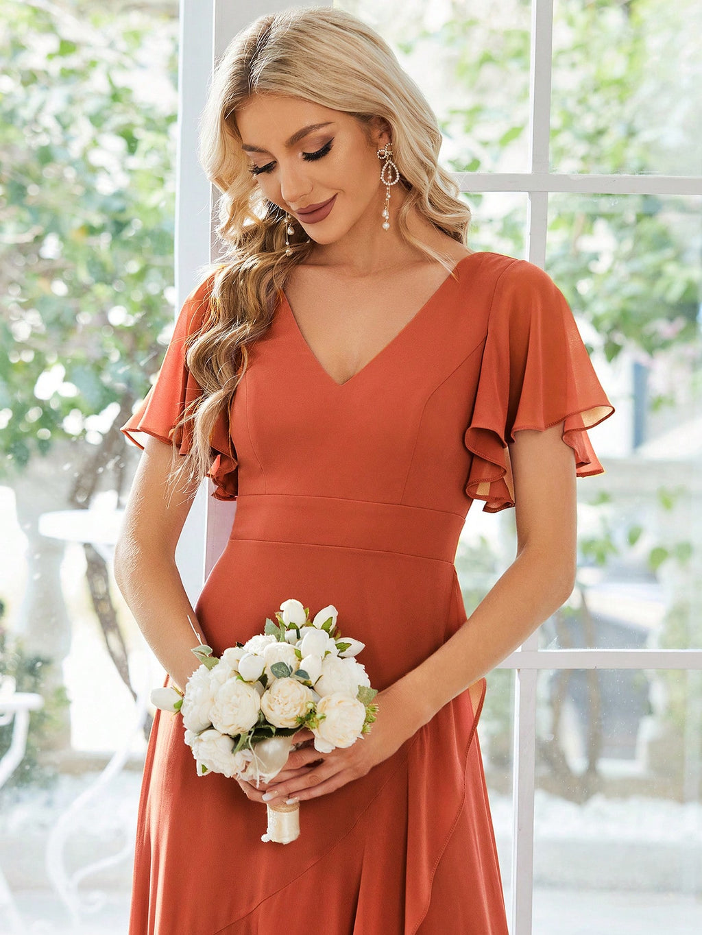 Butterfly Sleeve Ruffle Trim Wrap Hem Chiffon Bridesmaid Dress Elegant Dress - image 20