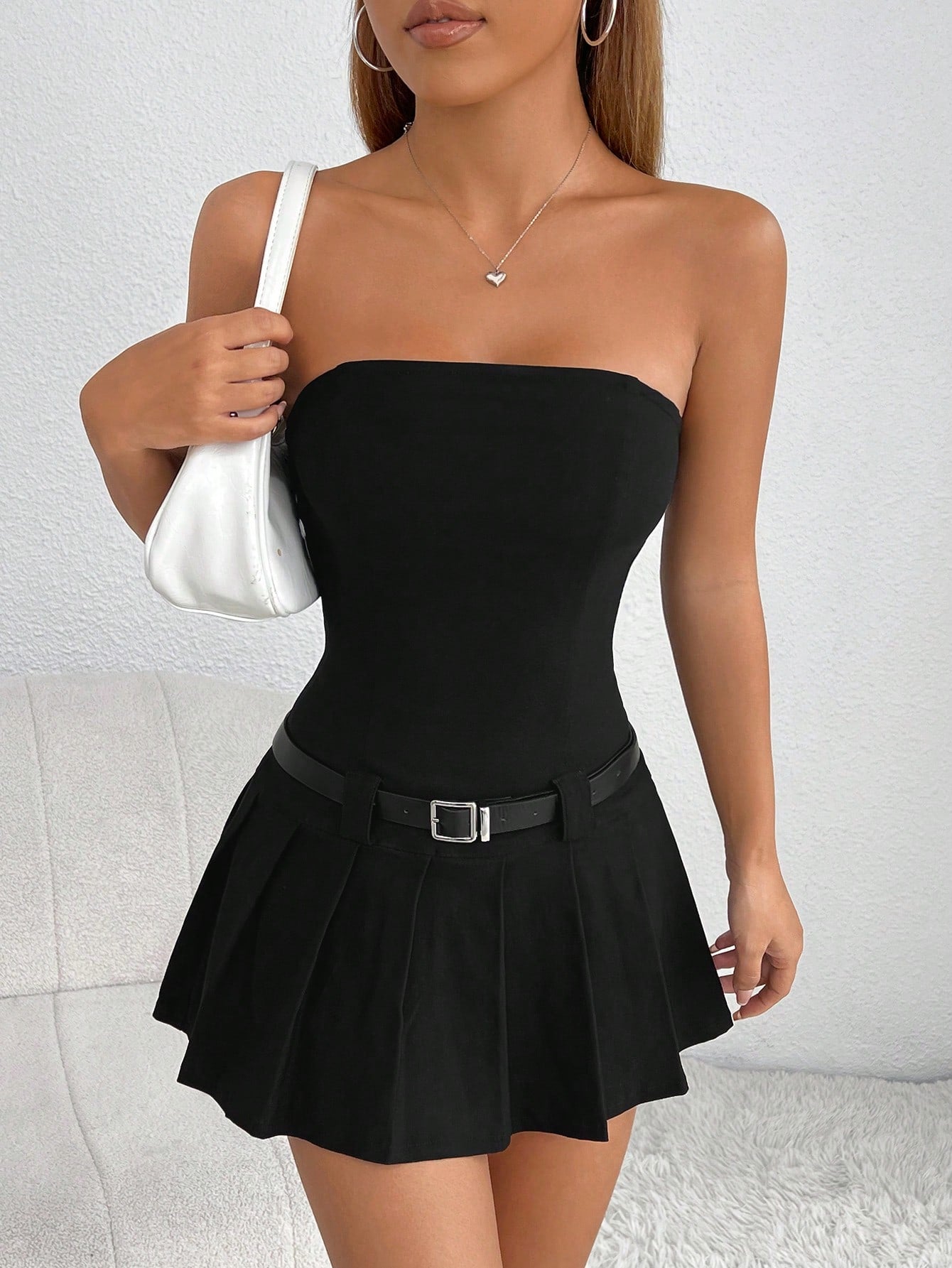PETITE Women's Solid Color Pleated Hem Bandeau Dress,Sun Dress