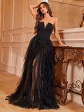 Elegant & Stunning Strapless V-Neck Dress, Multi-Layer Chiffon Skirt, Ultra High Slit - Mesh Fabric Patchwork