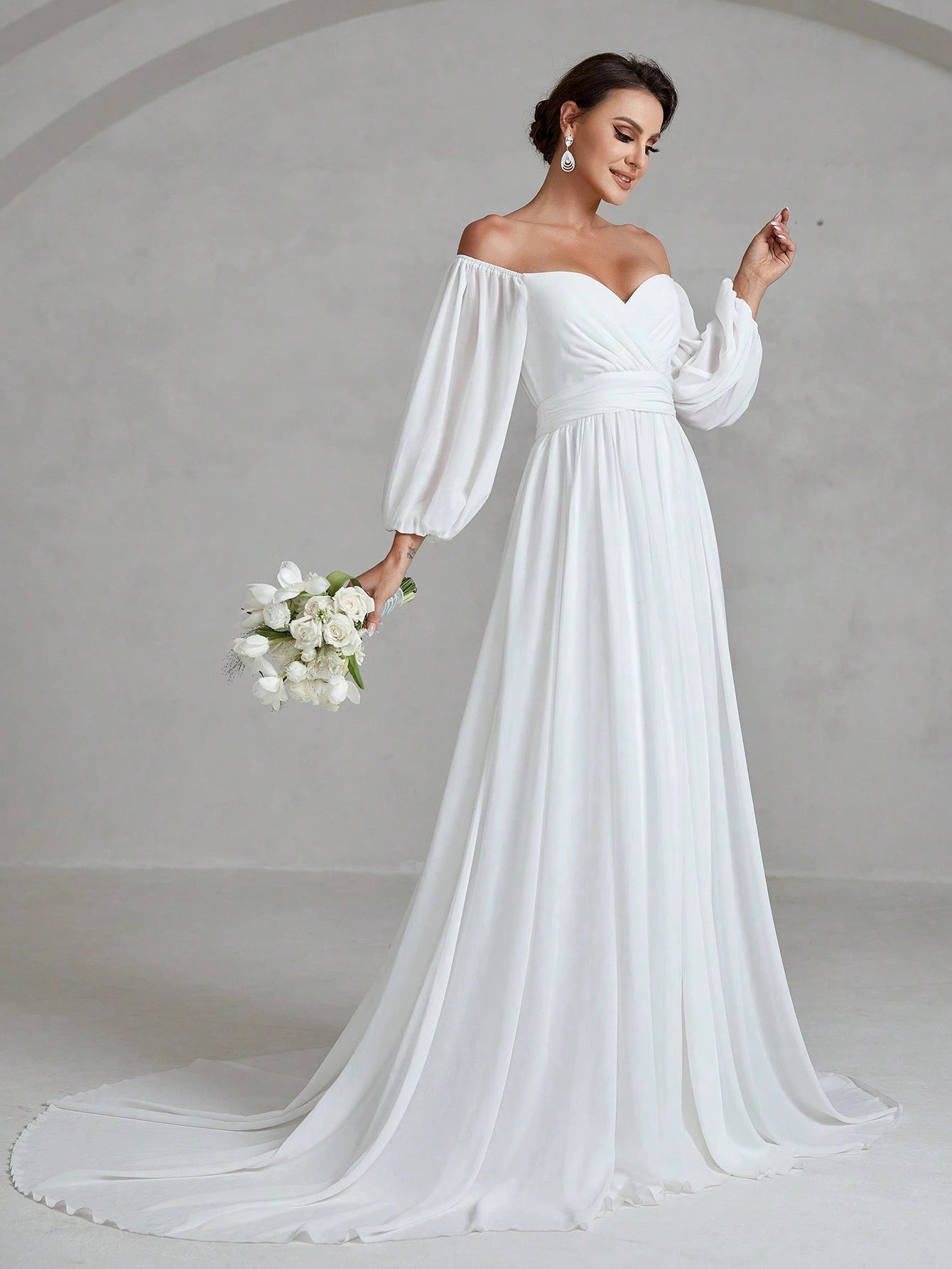 Faeriesty Wedding Dress Bridal: Romantic Off-Shoulder Sweetheart Neckline With Flowing Lantern Long Sleeves, - image 3