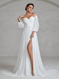 Faeriesty Wedding Dress Bridal: Romantic Off-Shoulder Sweetheart Neckline With Flowing Lantern Long Sleeves,