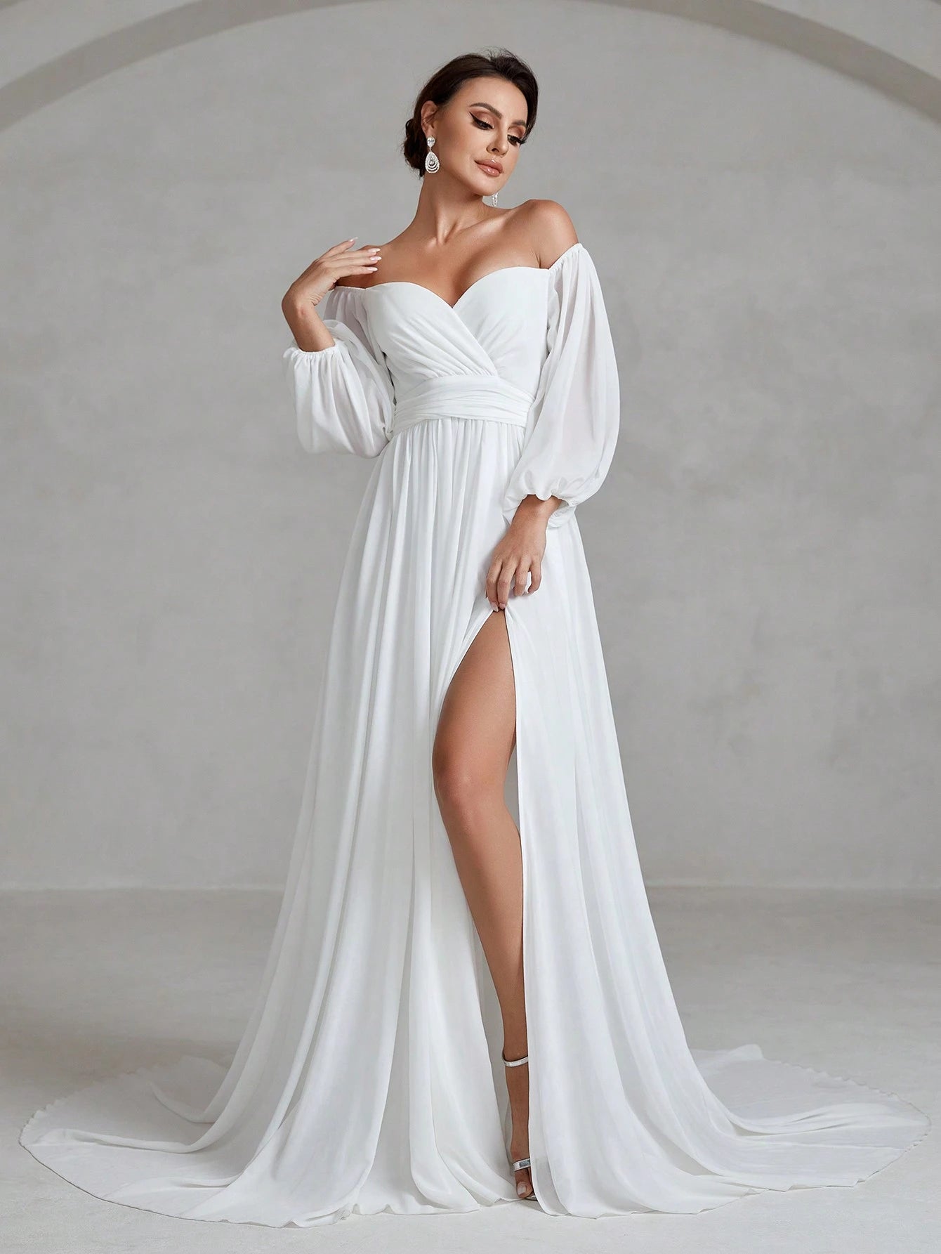 Faeriesty Wedding Dress Bridal: Romantic Off-Shoulder Sweetheart Neckline With Flowing Lantern Long Sleeves,
