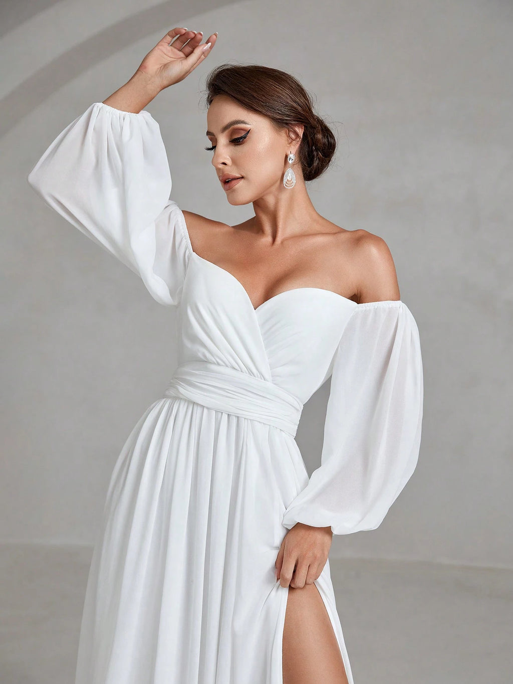 Faeriesty Wedding Dress Bridal: Romantic Off-Shoulder Sweetheart Neckline With Flowing Lantern Long Sleeves, - image 5