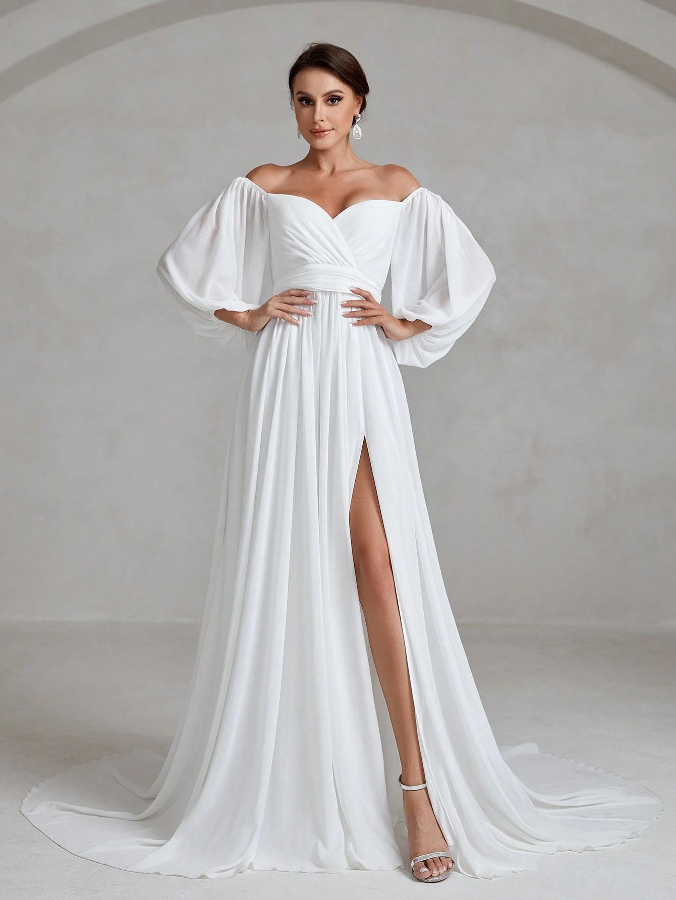 Faeriesty Wedding Dress Bridal: Romantic Off-Shoulder Sweetheart Neckline With Flowing Lantern Long Sleeves, - image 6