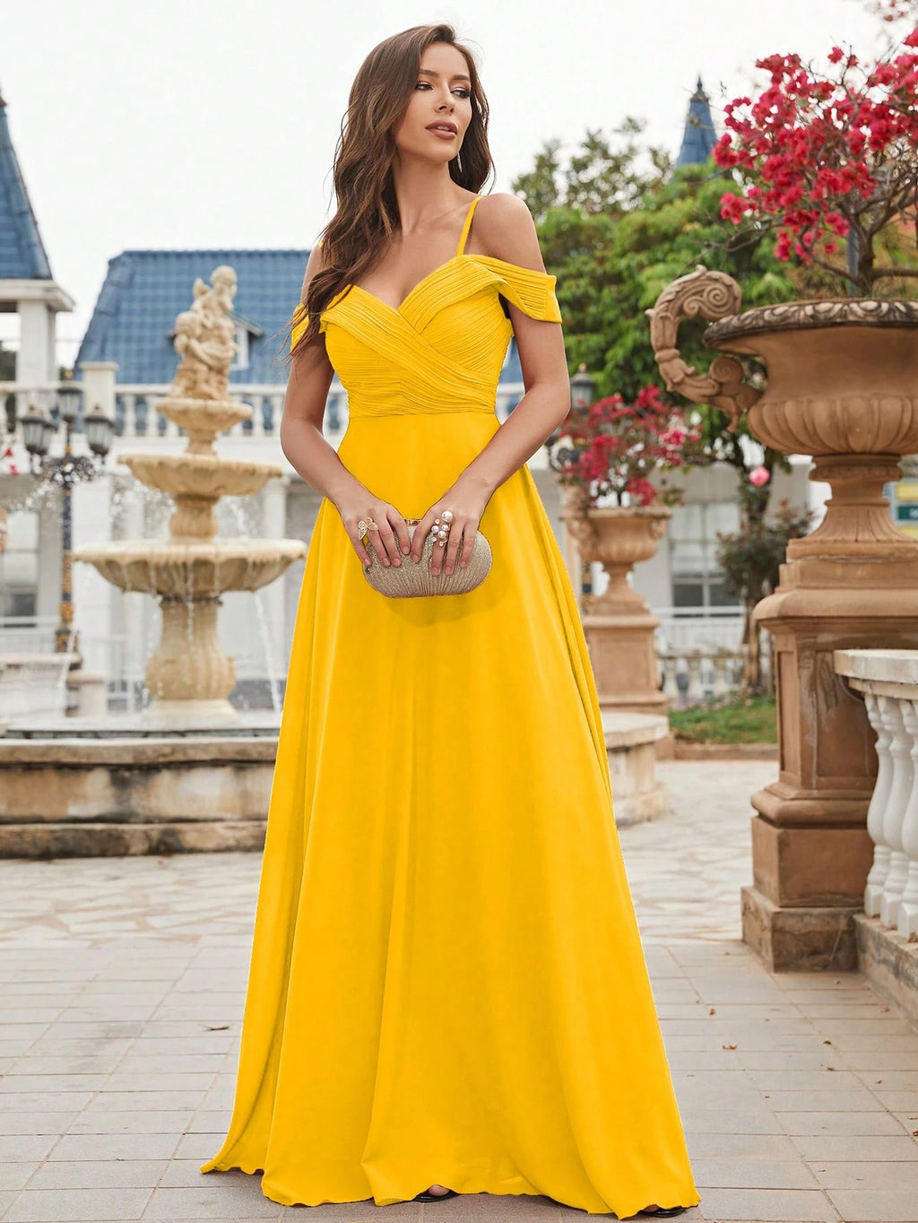 UNITHORSE Cold Shoulder Ruched Floor Length Chiffon Bridesmaid Dress Elegant Dress Wedding Spring - image 10