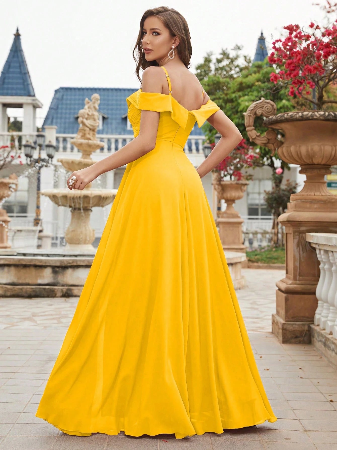 UNITHORSE Cold Shoulder Ruched Floor Length Chiffon Bridesmaid Dress Elegant Dress Wedding Spring - image 11
