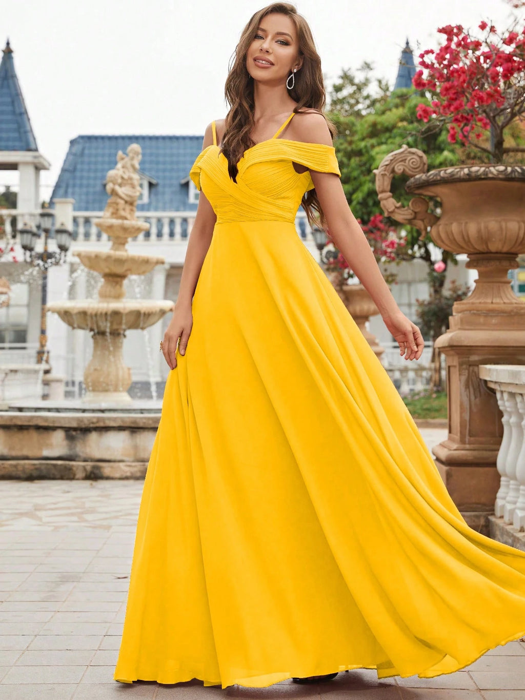 UNITHORSE Cold Shoulder Ruched Floor Length Chiffon Bridesmaid Dress Elegant Dress Wedding Spring - image 12