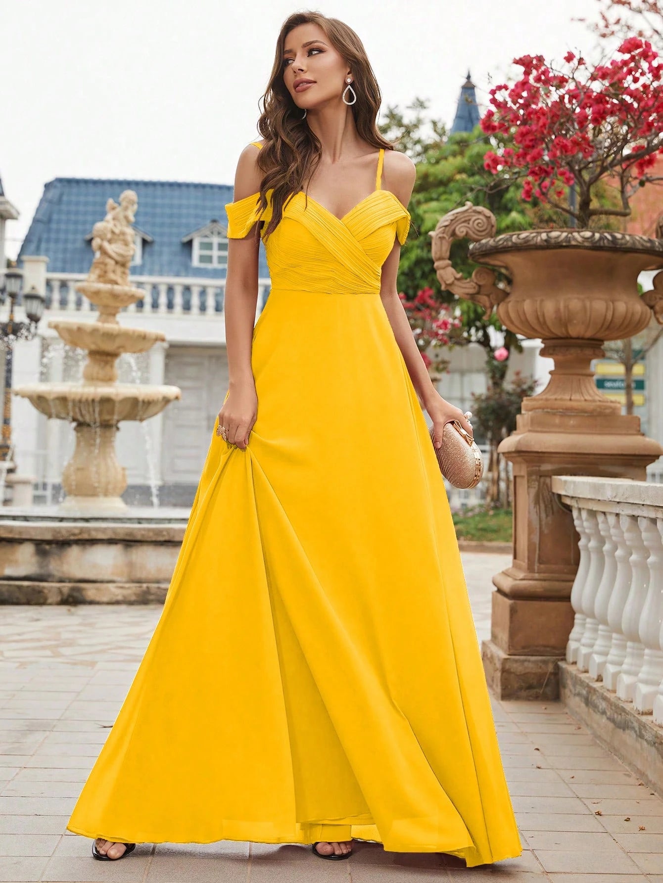 UNITHORSE Cold Shoulder Ruched Floor Length Chiffon Bridesmaid Dress Elegant Dress Wedding Spring - image 13