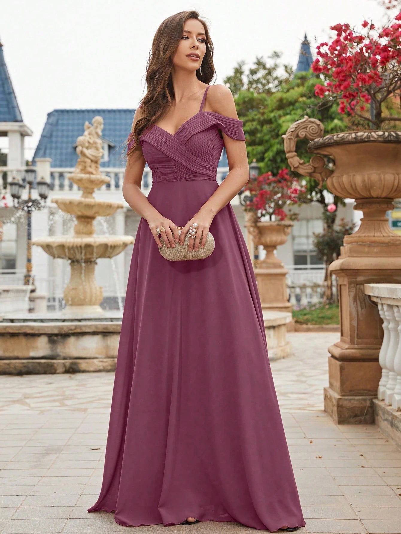 UNITHORSE Cold Shoulder Ruched Floor Length Chiffon Bridesmaid Dress Elegant Dress Wedding Spring - image 18