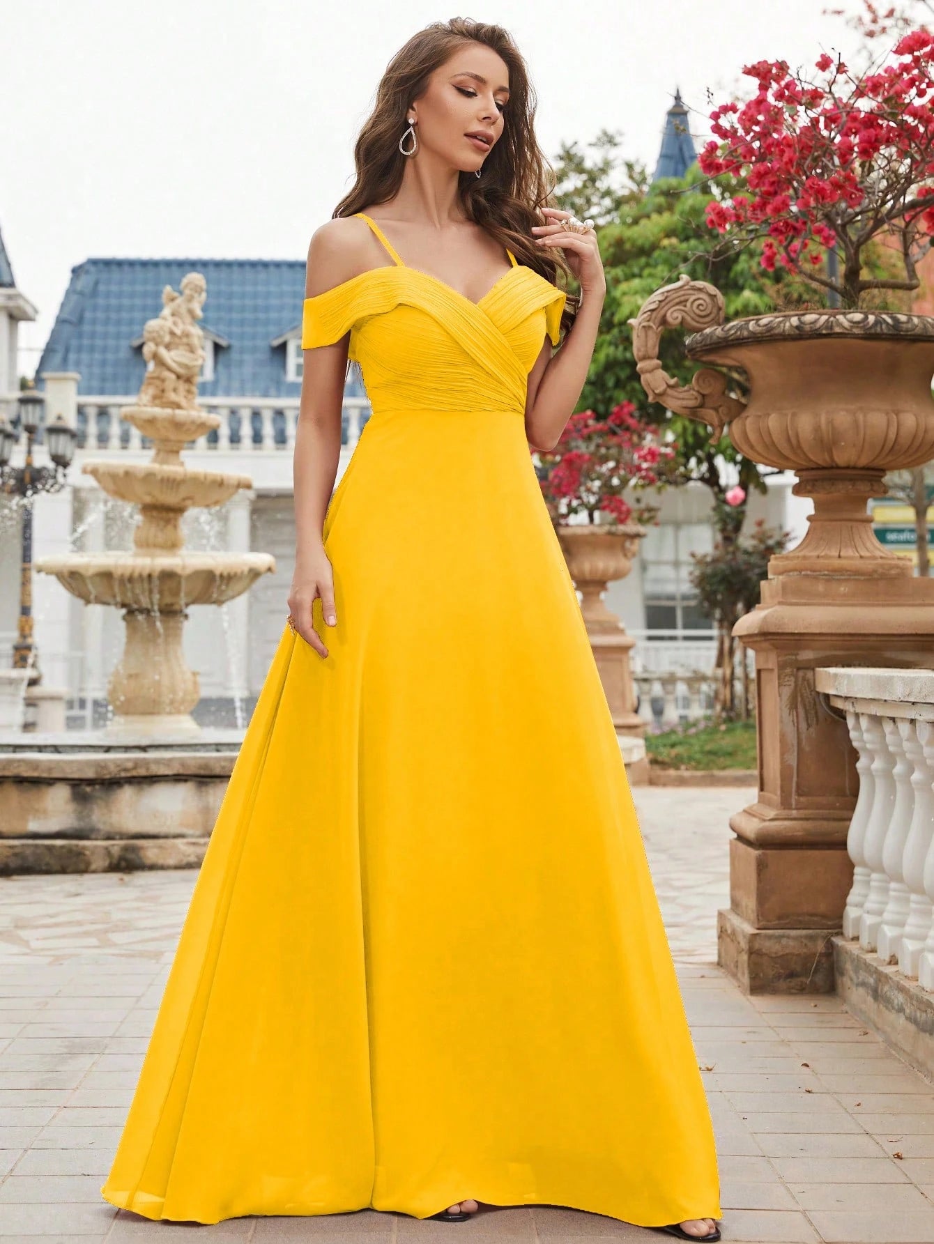 UNITHORSE Cold Shoulder Ruched Floor Length Chiffon Bridesmaid Dress Elegant Dress Wedding Spring - image 14