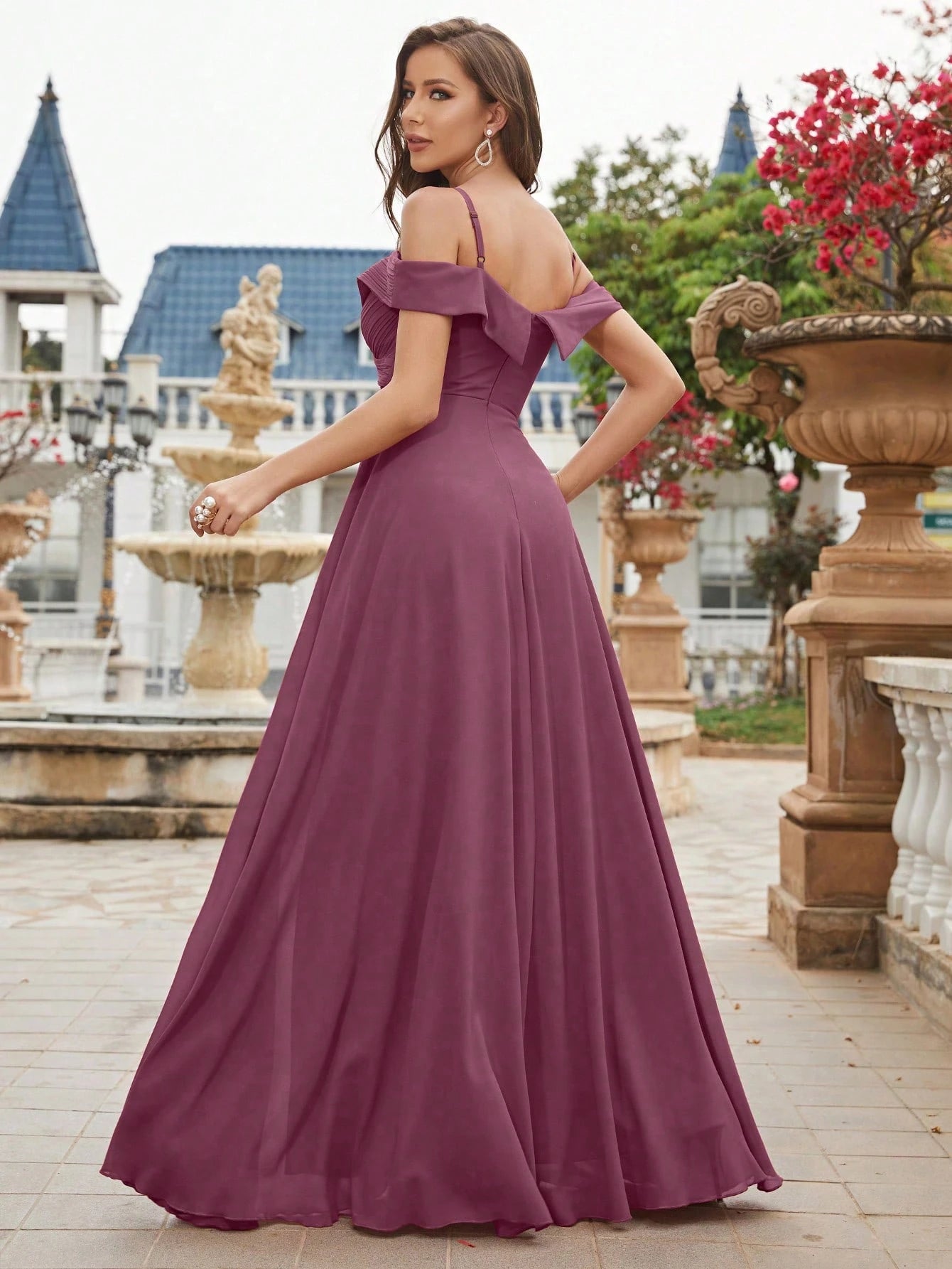 UNITHORSE Cold Shoulder Ruched Floor Length Chiffon Bridesmaid Dress Elegant Dress Wedding Spring - image 19