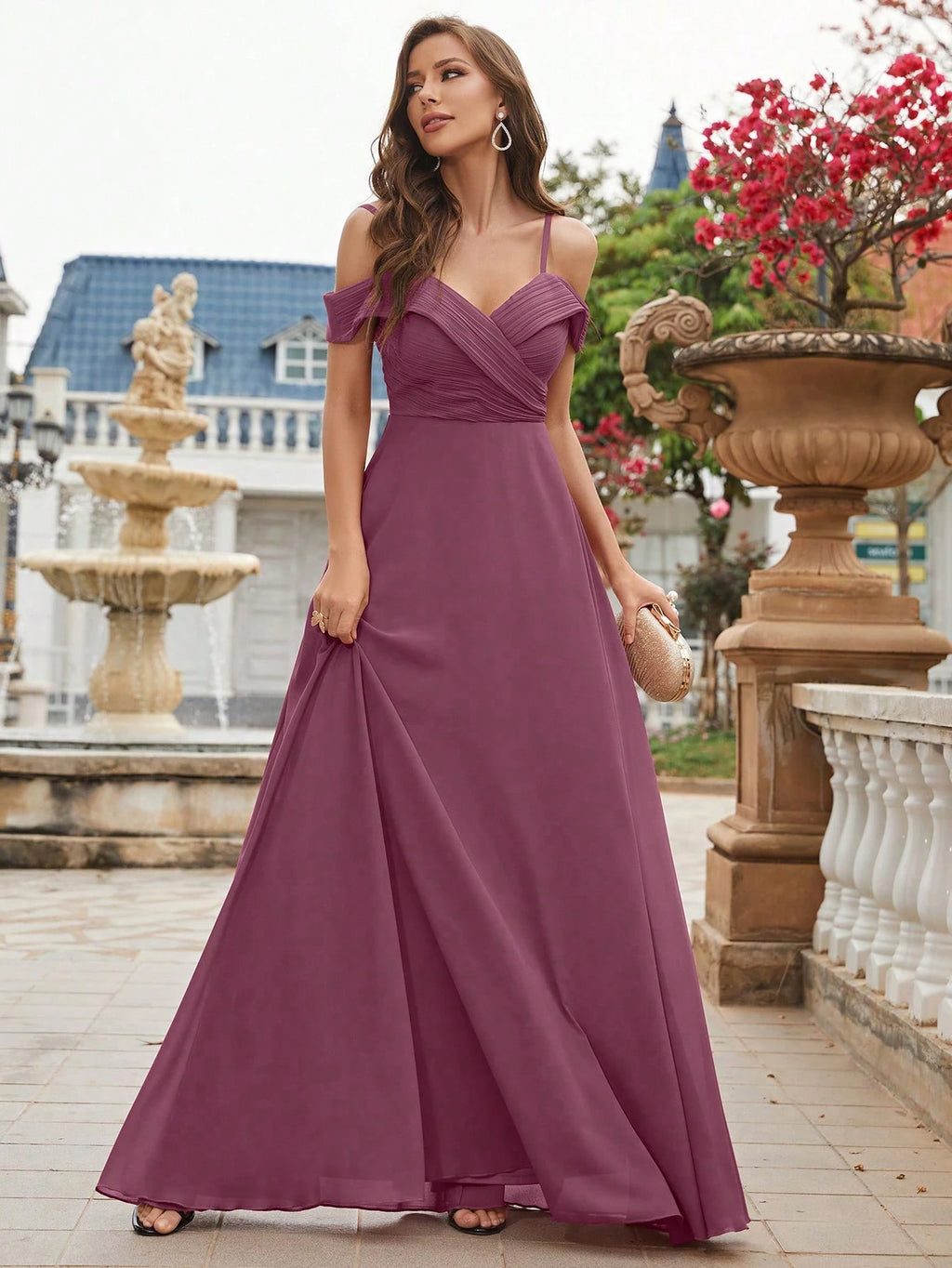 UNITHORSE Cold Shoulder Ruched Floor Length Chiffon Bridesmaid Dress Elegant Dress Wedding Spring - image 20