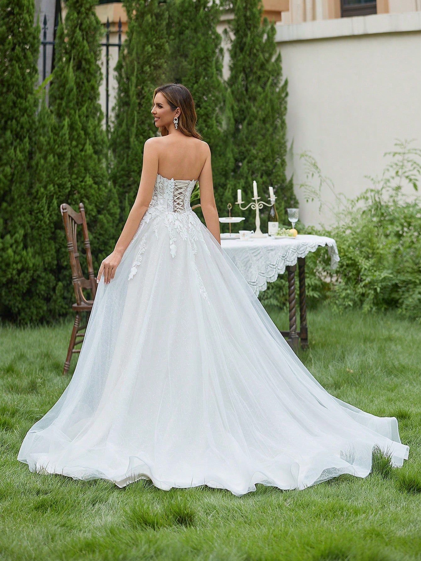 Contrast Color Embroidered Tulle Strapless Wedding Dress, Elegant Bridal Gown Spring - image 2
