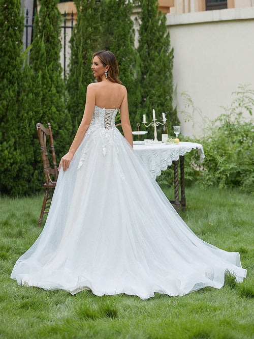 Contrast Color Embroidered Tulle Strapless Wedding Dress, Elegant Bridal Gown Spring - image 2