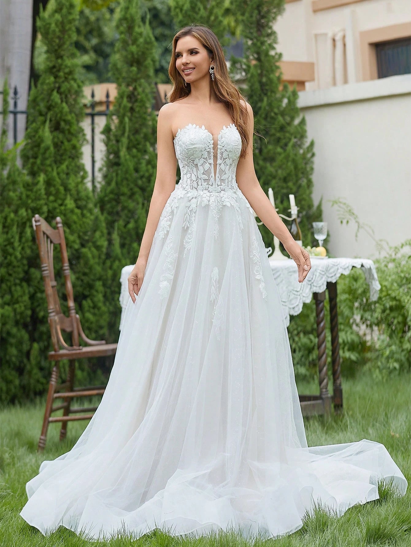 Contrast Color Embroidered Tulle Strapless Wedding Dress, Elegant Bridal Gown Spring - image 5