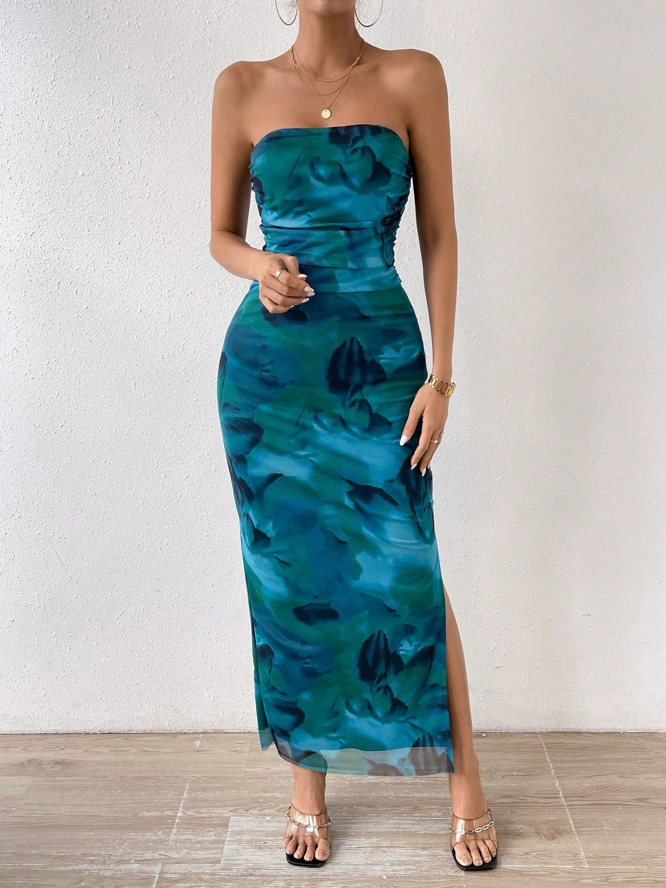 Breezaya Ladies' Tie Dye Strapless Dress With Side Slit Hem Maxi Women Outfit - image 10