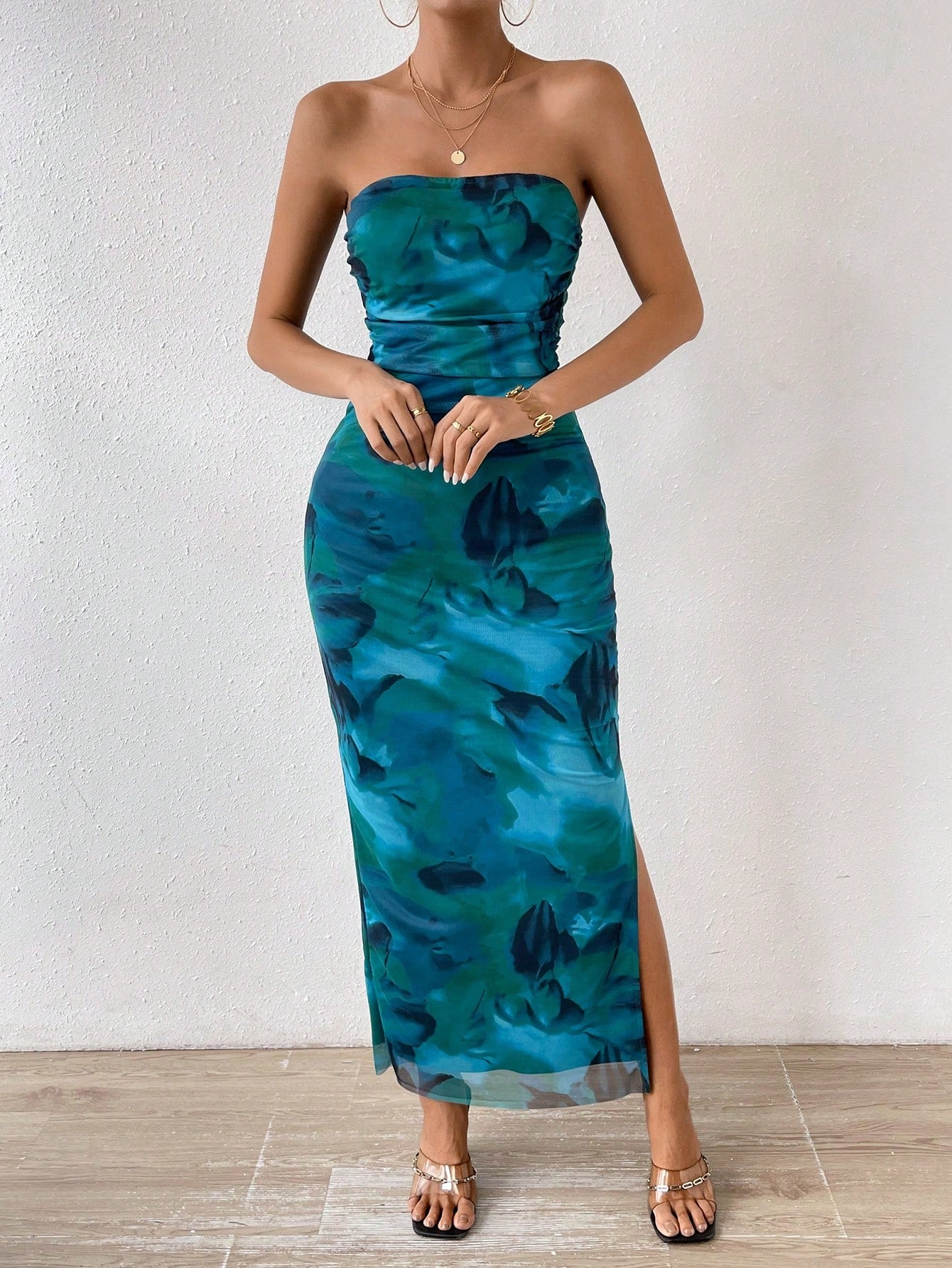 Breezaya Ladies' Tie Dye Strapless Dress With Side Slit Hem Maxi Women Outfit - image 17