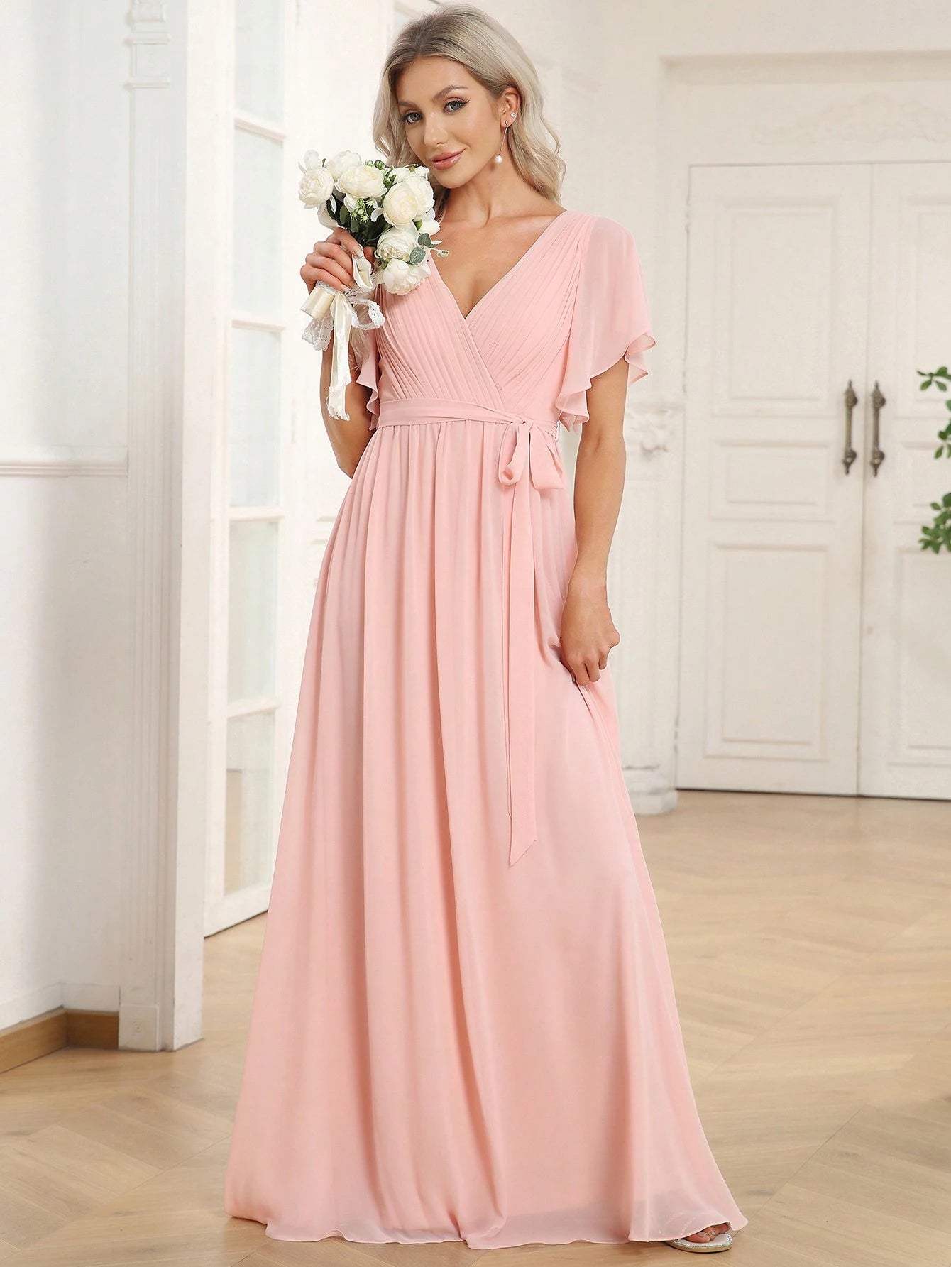 EVERPRETTY Butterfly Sleeve Pleated Chiffon Light Pink Bridesmaid