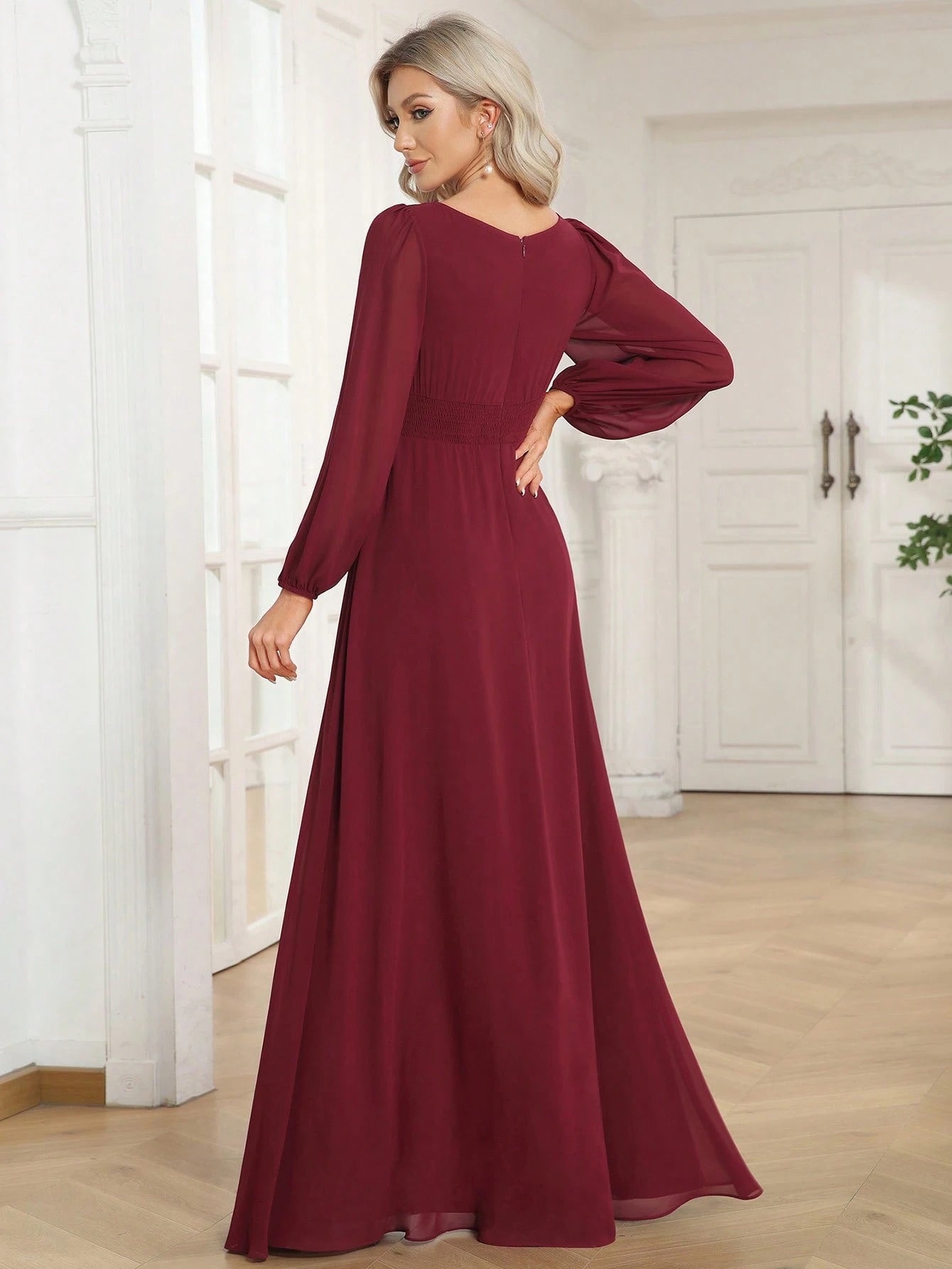 EVERPRETTY Elegant Autumn Special Occasion Chiffon Round Neck Lantern Sleeve Long Sleeve Bridesmaid Dress, - image 9