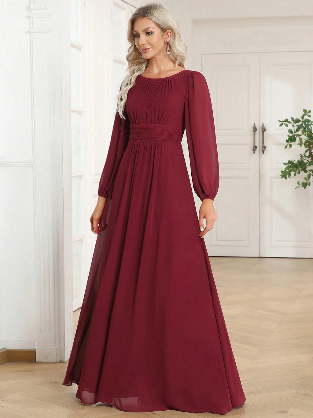 EVERPRETTY Elegant Autumn Special Occasion Chiffon Round Neck Lantern Sleeve Long Sleeve Bridesmaid Dress, - image 10