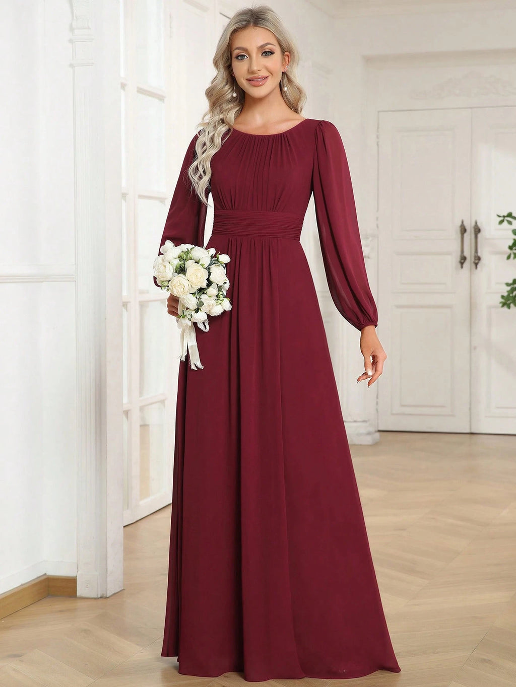 EVERPRETTY Elegant Autumn Special Occasion Chiffon Round Neck Lantern Sleeve Long Sleeve Bridesmaid Dress, - image 17