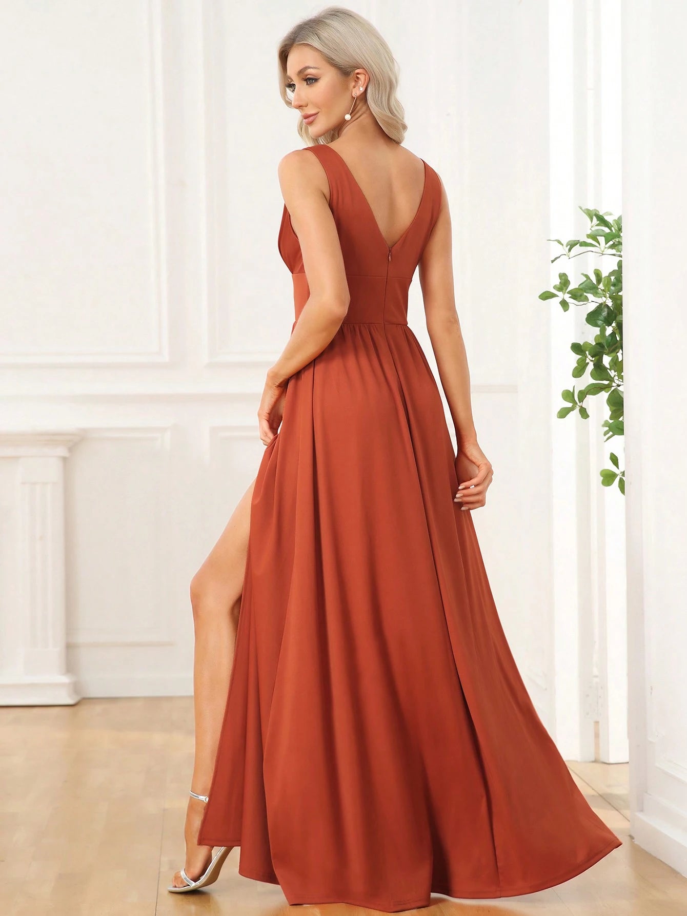EVERPRETTY Sexy V-Neck Slit Orange Bridesmaid Dress, Elegant Wedding Guest Dress, Suitable For Summer - image 16