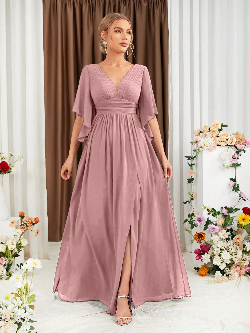 Butterfly Sleeve Split Thigh Chiffon Bridesmaid Dress Elegant Dress, Bride Dress Wedding - image 3