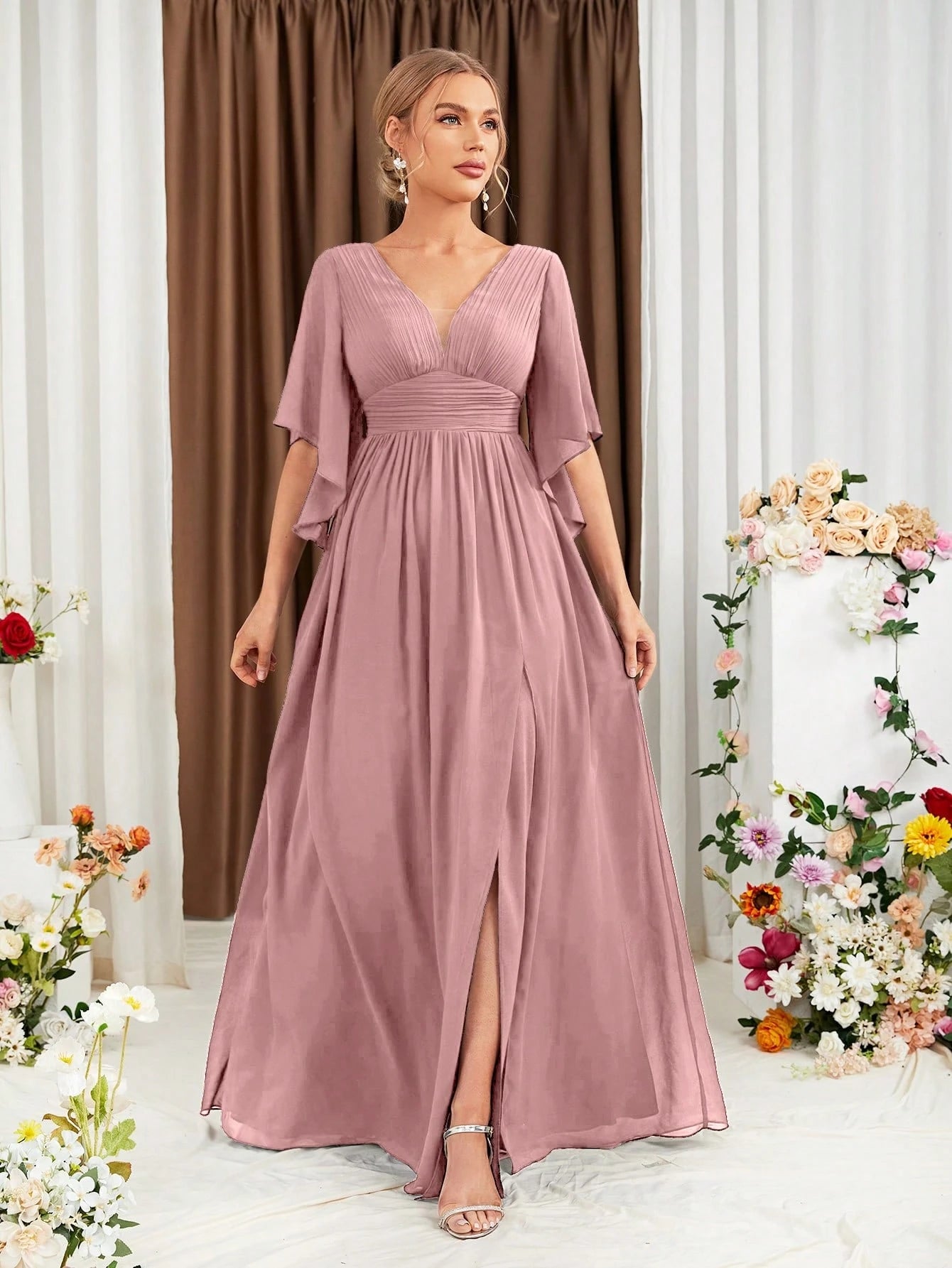 Butterfly Sleeve Split Thigh Chiffon Bridesmaid Dress Elegant Dress, Bride Dress Wedding - image 3