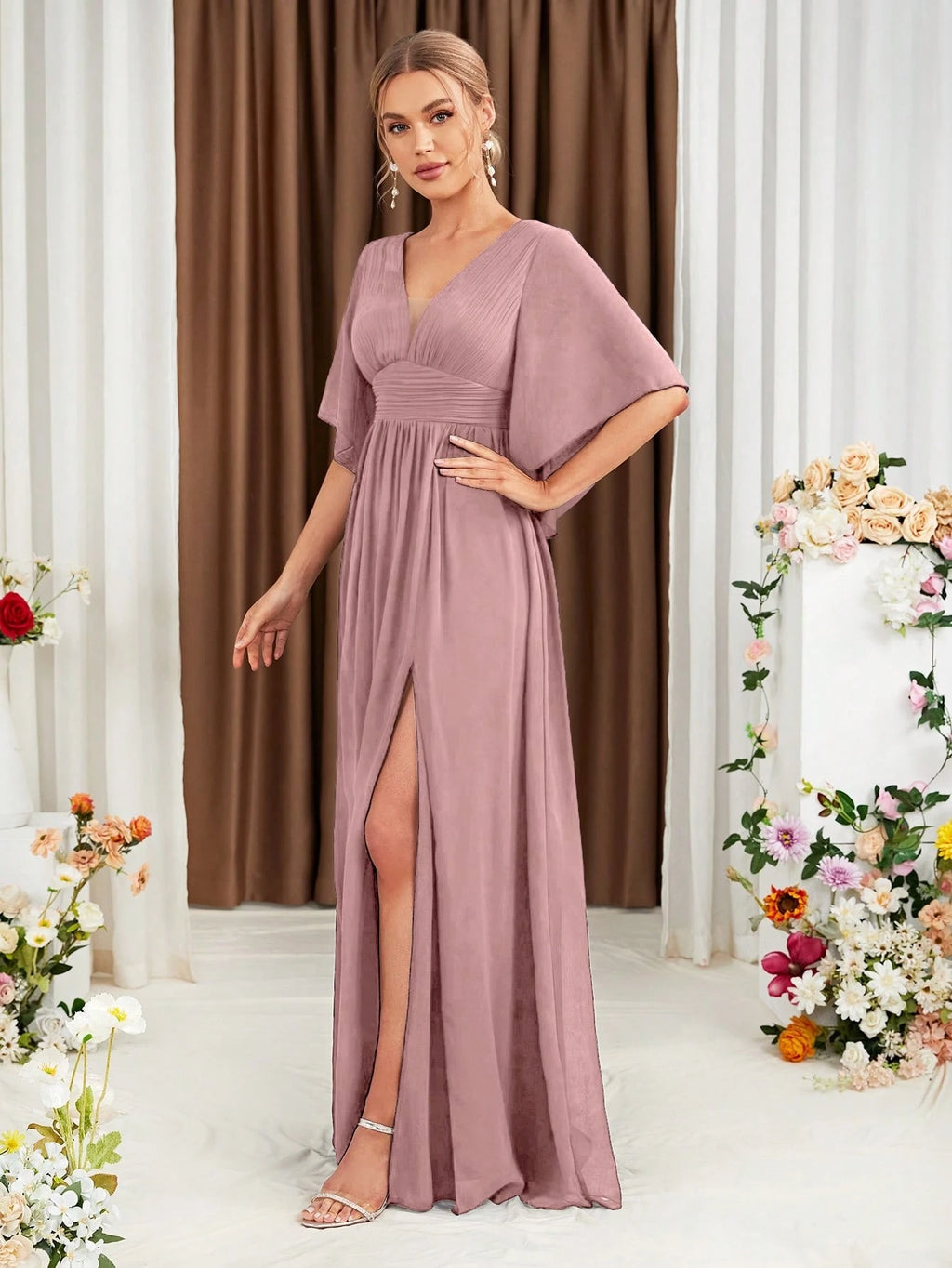 Butterfly Sleeve Split Thigh Chiffon Bridesmaid Dress Elegant Dress, Bride Dress Wedding - image 5