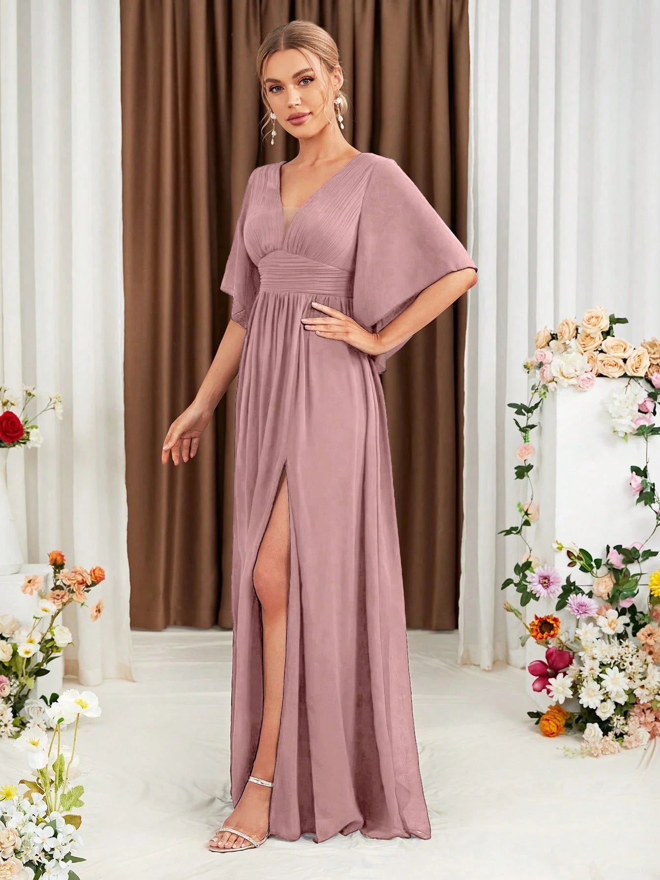 Butterfly Sleeve Split Thigh Chiffon Bridesmaid Dress Elegant Dress, Bride Dress Wedding - image 5