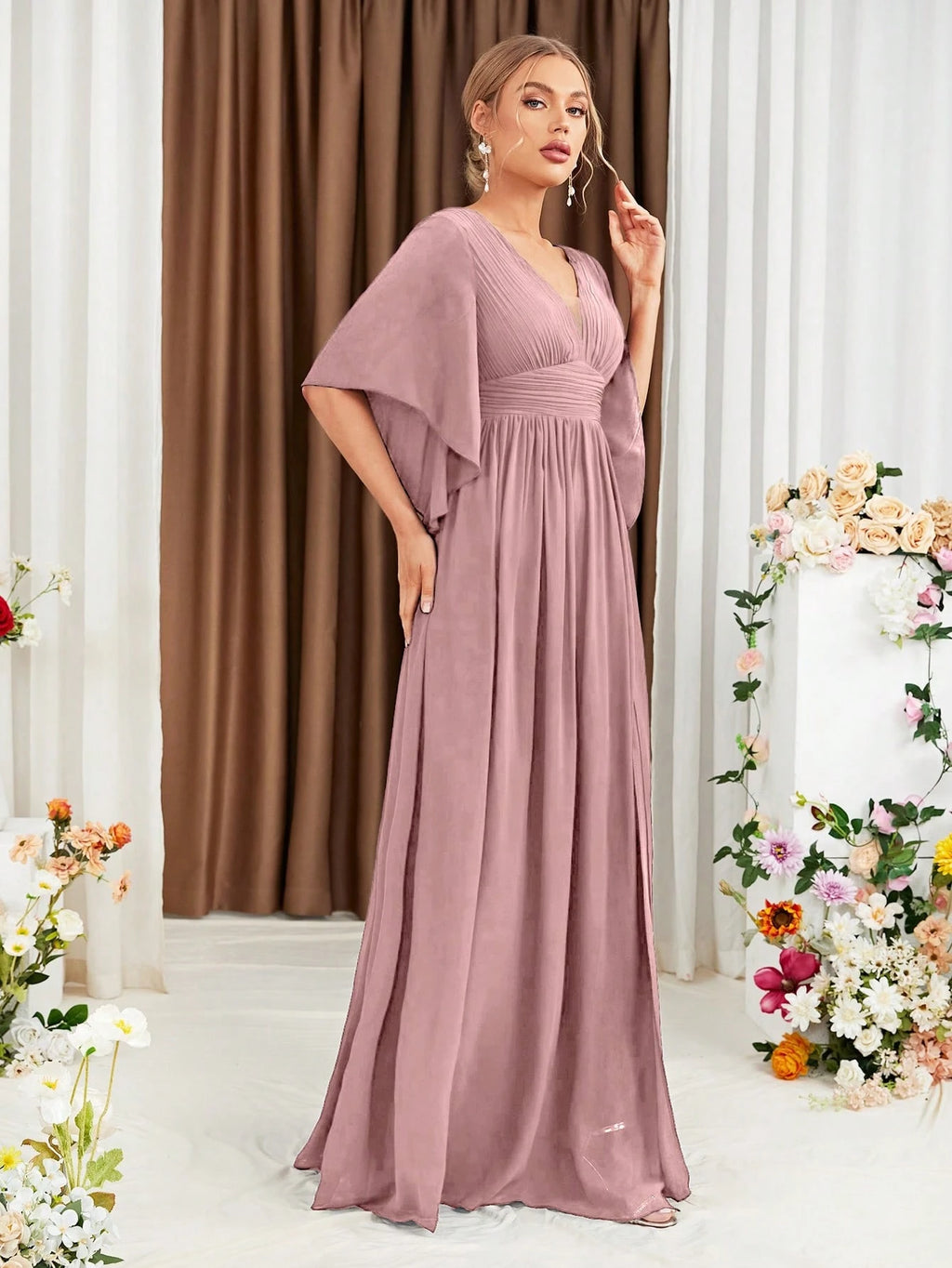 Butterfly Sleeve Split Thigh Chiffon Bridesmaid Dress Elegant Dress, Bride Dress Wedding - image 6