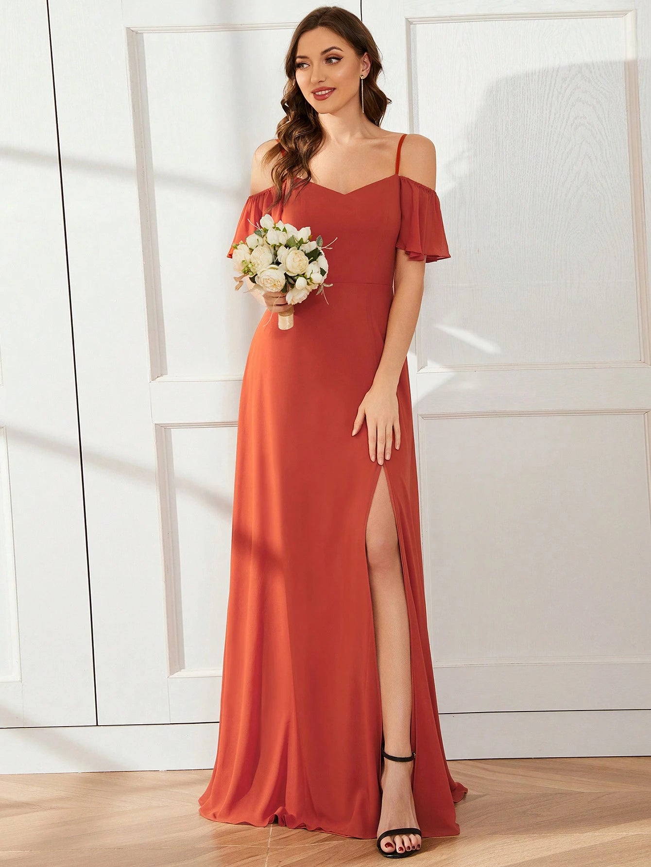 EVERPRETTY Elegant Open Shoulder Chiffon Long Bridesmaid Dress,