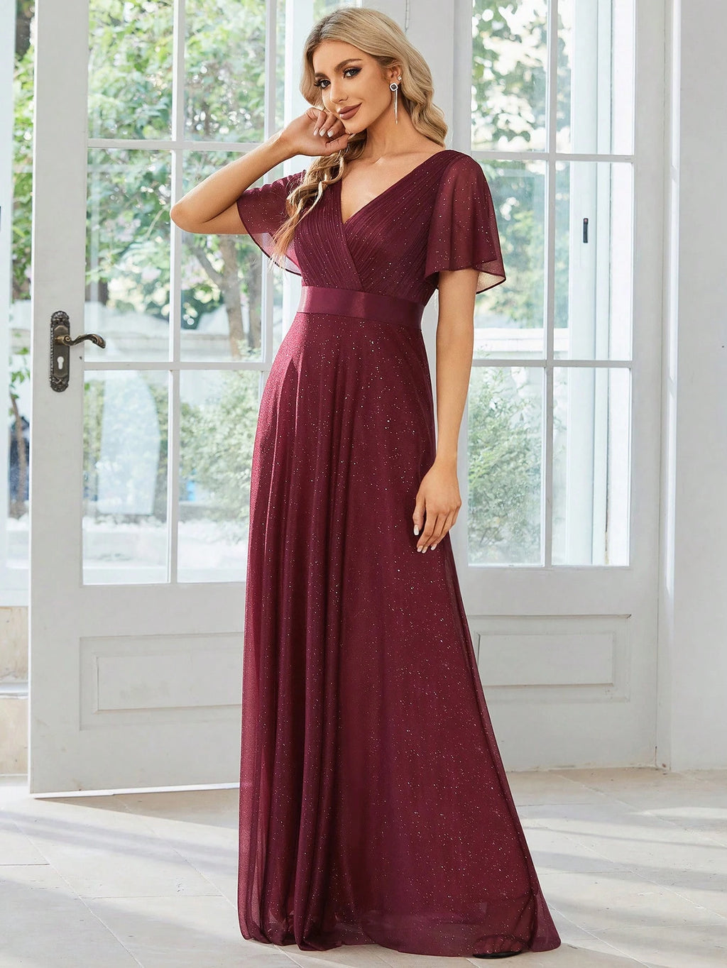 EVERPRETTY Elegant V-Neck Ruffle Sequin Bridesmaid Dress, Formal Evening Gown Wedding Spring - image 4