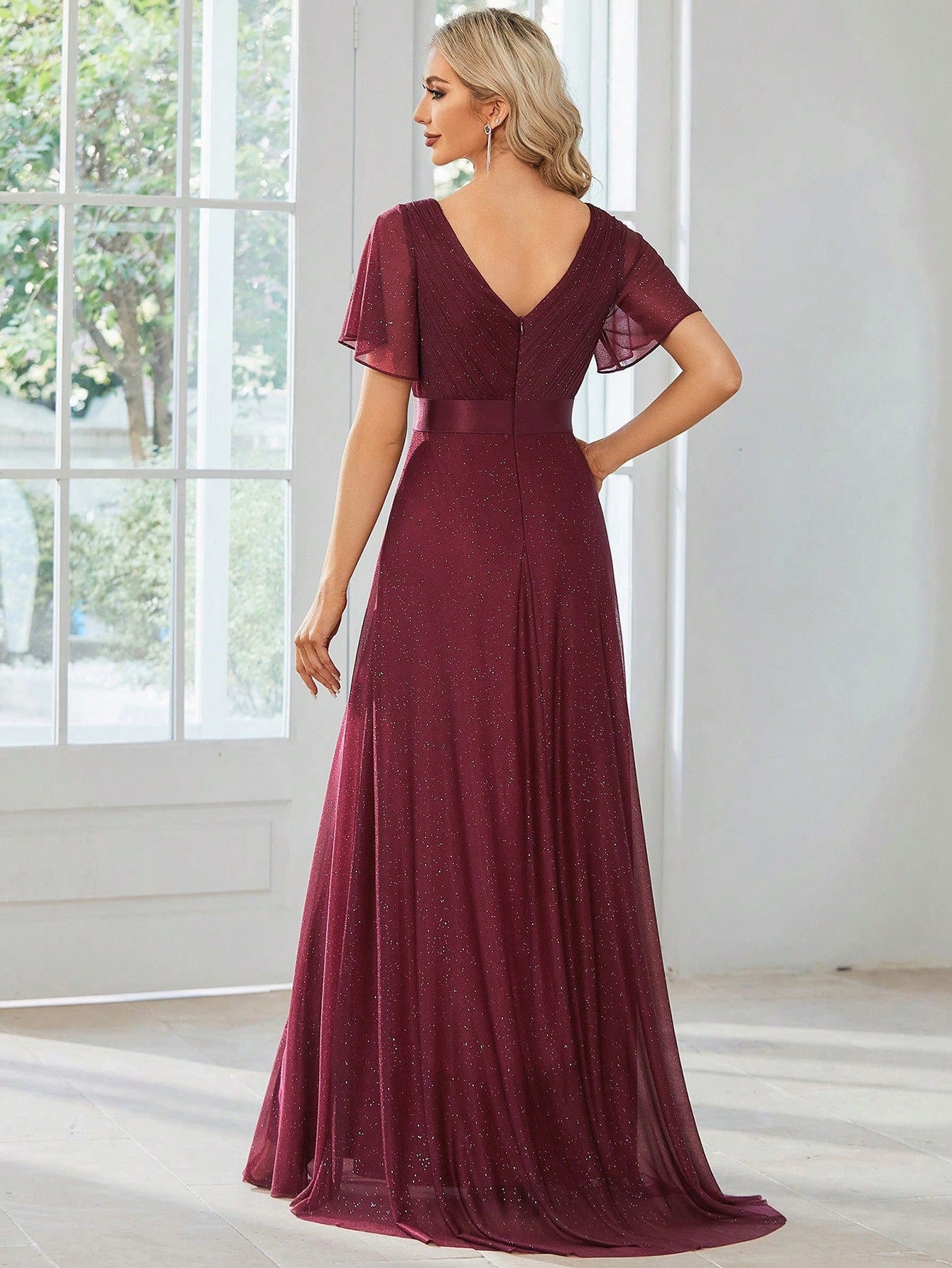 EVERPRETTY Elegant V-Neck Ruffle Sequin Bridesmaid Dress, Formal Evening Gown Wedding Spring - image 3