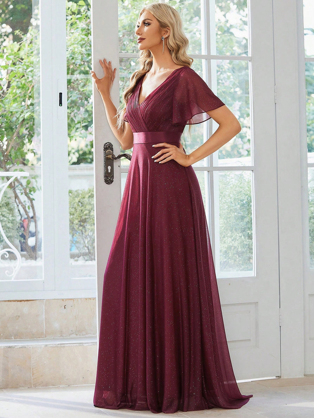 EVERPRETTY Elegant V-Neck Ruffle Sequin Bridesmaid Dress, Formal Evening Gown Wedding Spring - image 5