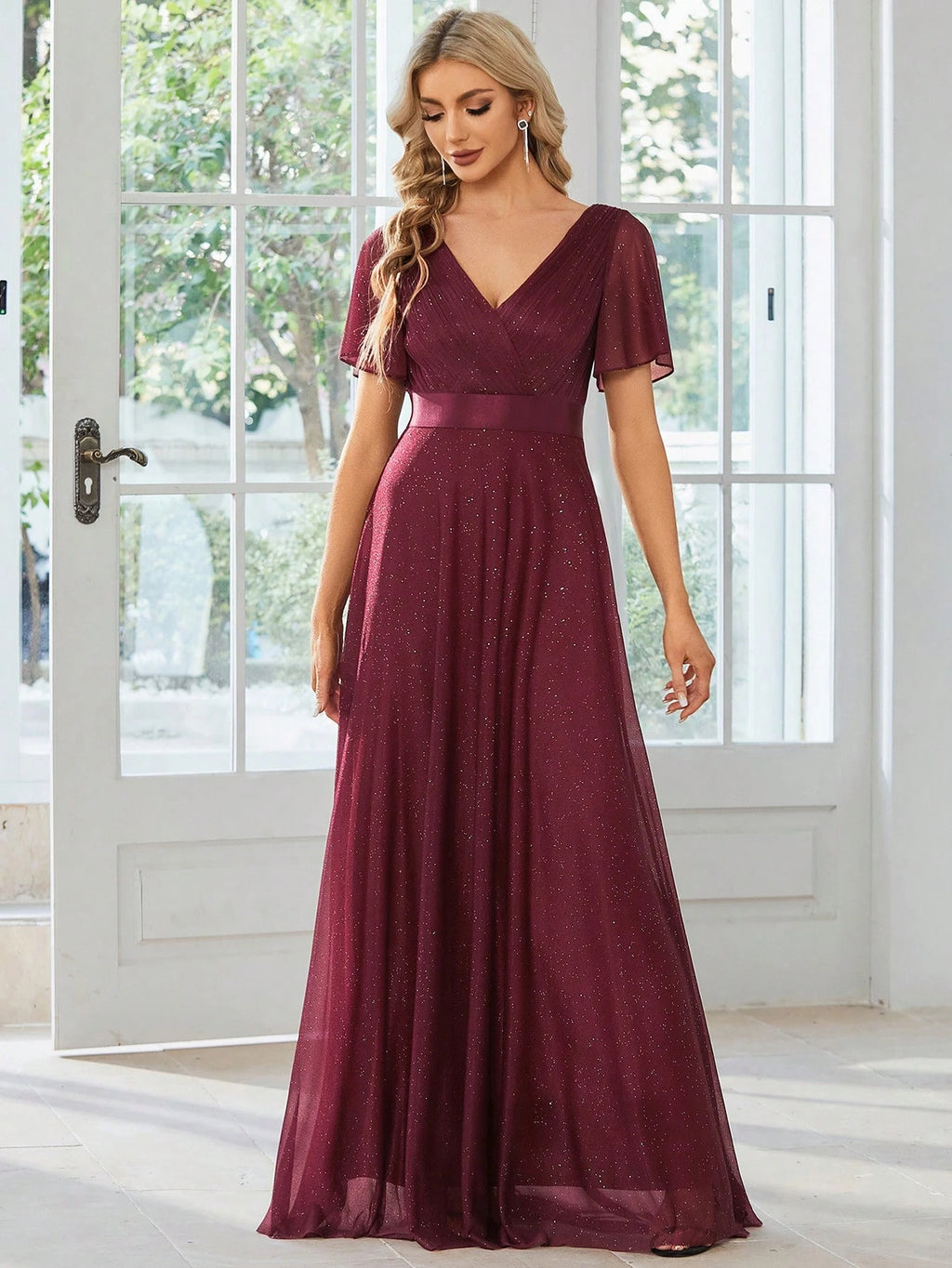 EVERPRETTY Elegant V-Neck Ruffle Sequin Bridesmaid Dress, Formal Evening Gown Wedding Spring - image 6