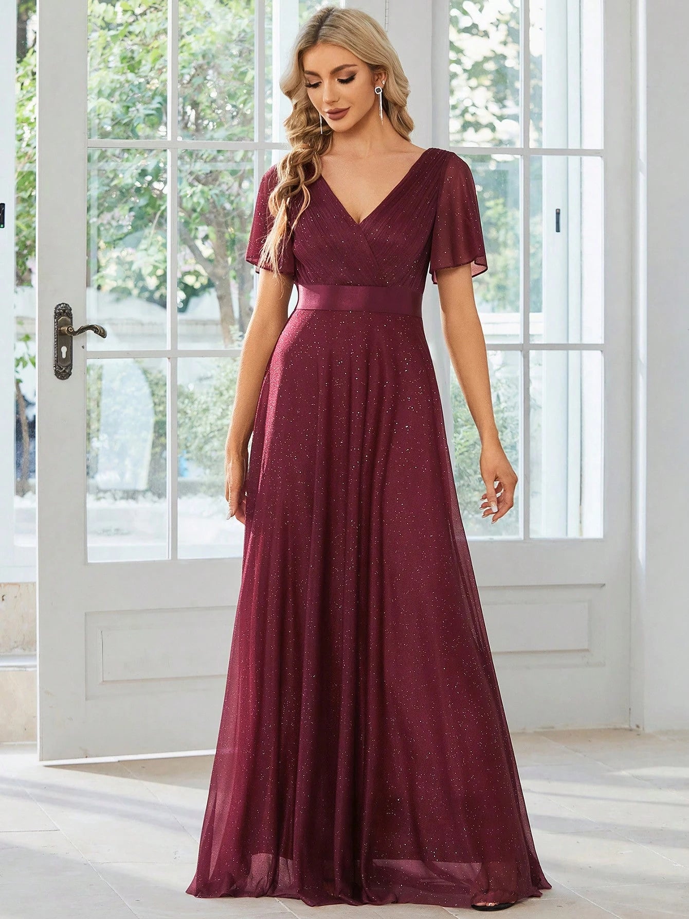 EVERPRETTY Elegant V-Neck Ruffle Sequin Bridesmaid Dress, Formal Evening Gown Wedding Spring - image 6