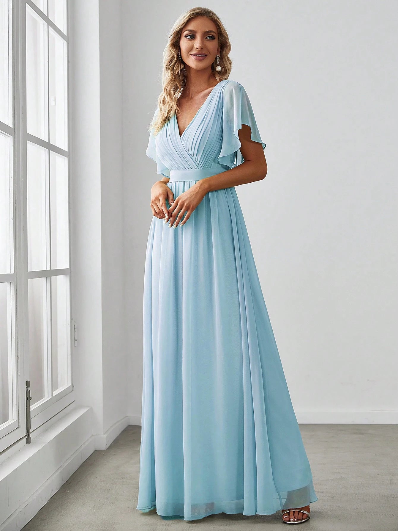 EVERPRETTY Butterfly Sleeve Pleated Chiffon Light Pink Bridesmaid