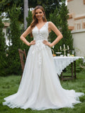 Romantic Ivory Deep V Neck Sparkly Lace Wedding Dress, Elegant Sleeveless Bridal Gown With Appliques Lace