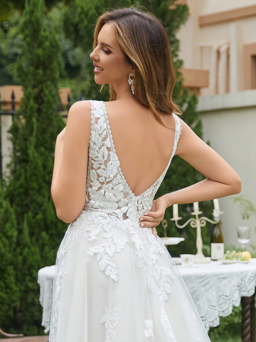 Romantic Ivory Deep V Neck Sparkly Lace Wedding Dress, Elegant Sleeveless Bridal Gown With Appliques Lace - image 4