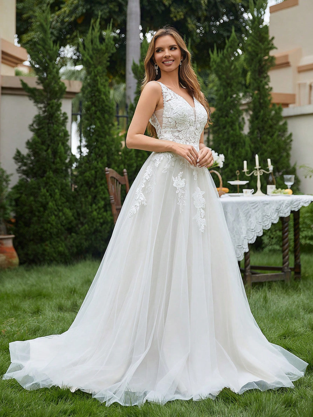 Romantic Ivory Deep V Neck Sparkly Lace Wedding Dress, Elegant Sleeveless Bridal Gown With Appliques Lace - image 5