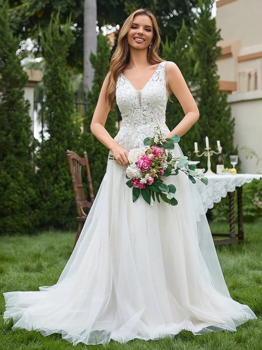 Romantic Ivory Deep V Neck Sparkly Lace Wedding Dress, Elegant Sleeveless Bridal Gown With Appliques Lace - image 7