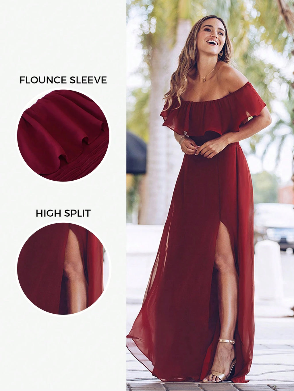 EVERPRETTY Open Shoulder Ruffle Sleeve Side Slit A-Line Chiffon Burgundy Bridesmaid Dress, Wedding Guest - image 5
