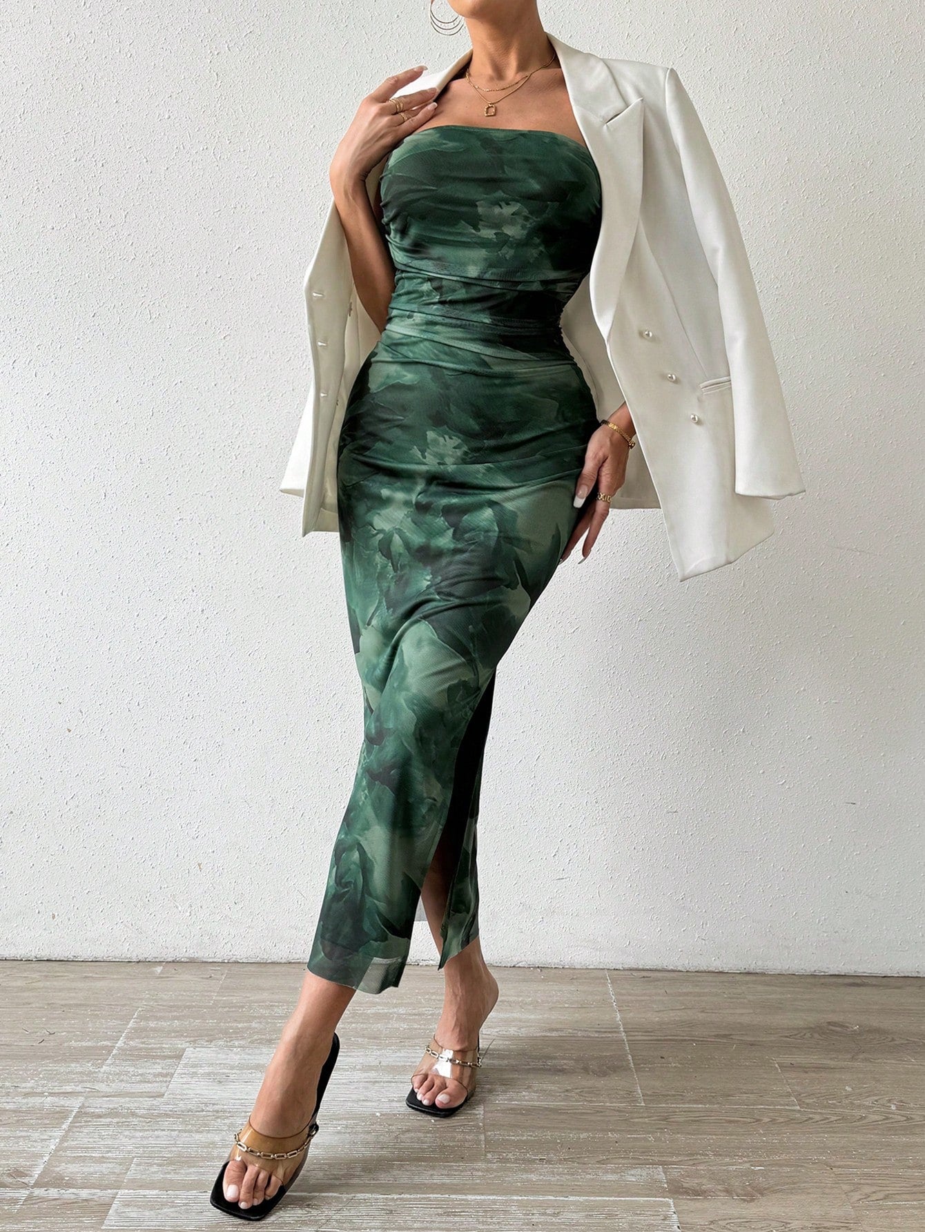 Ladies' Tie Dye Strapless Dress With Side Slit Hem Maxi