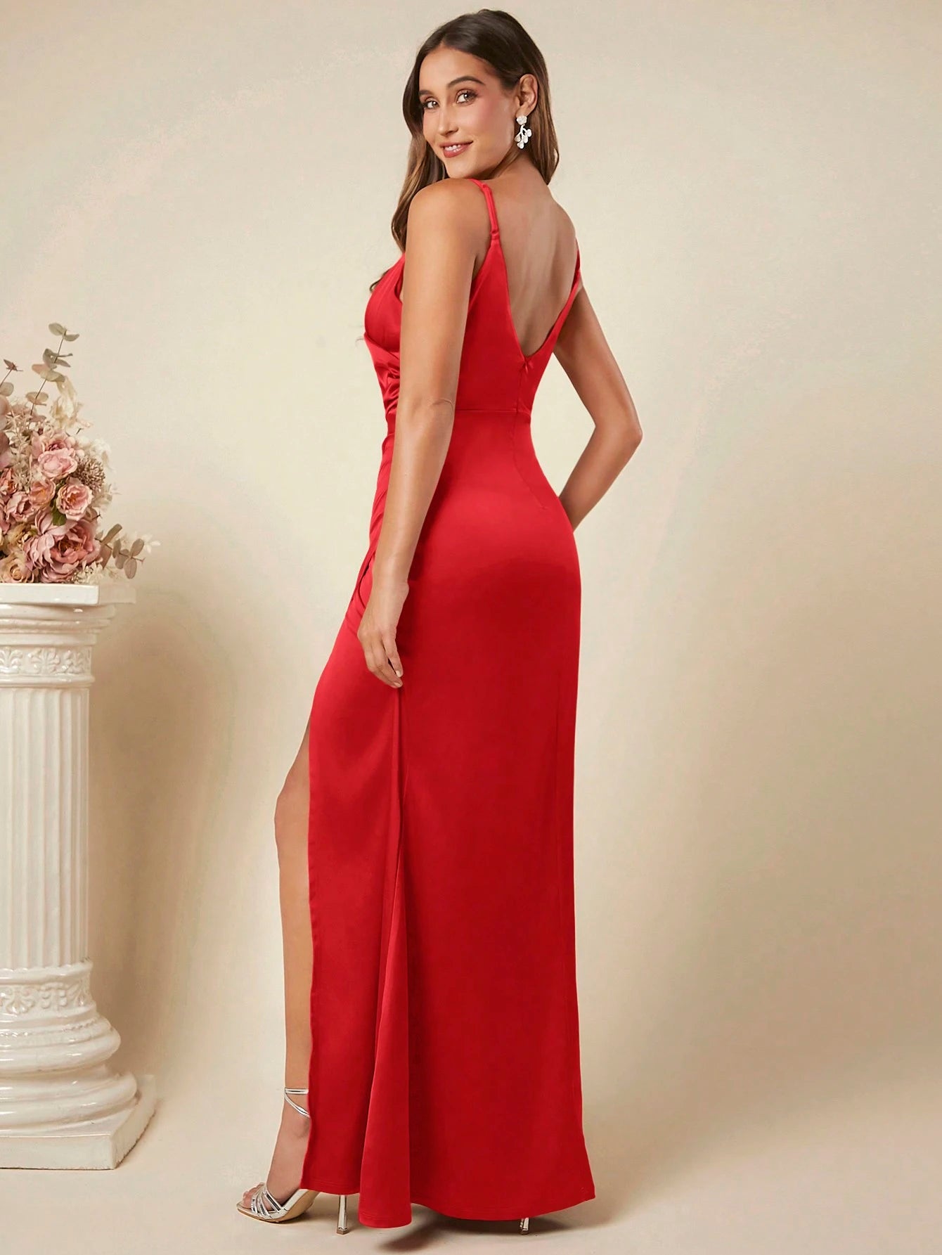 Belle Ruched Split Thigh Cami Dress Elegant Bridesmaid Dress Wedding Guest Dress - Elegant Floor Length Gown - image 3